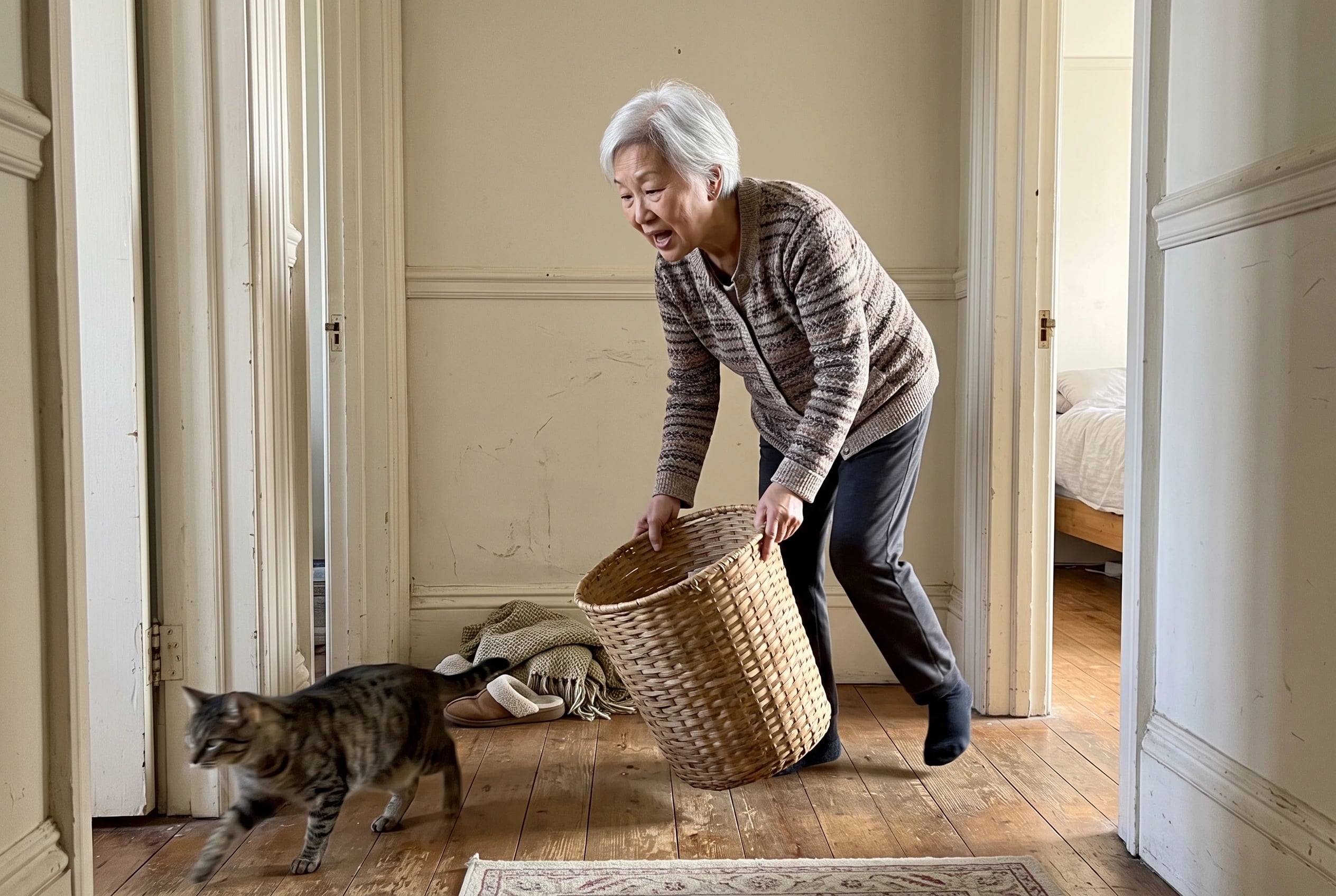 Woman moving a basket from the hallway floor outside her bedroom.