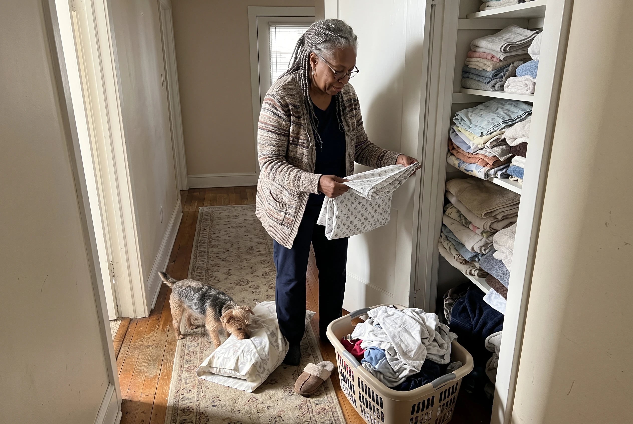 Woman checking a sheet size tag beside an open linen closet in her hallway.