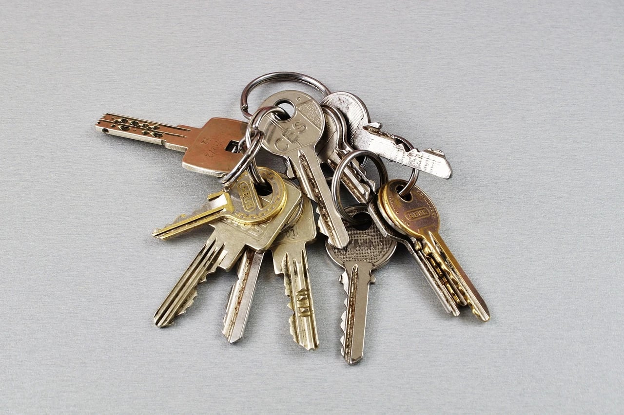 Bunch of assorted old brass and silver keys on several rings lying on a gray surface