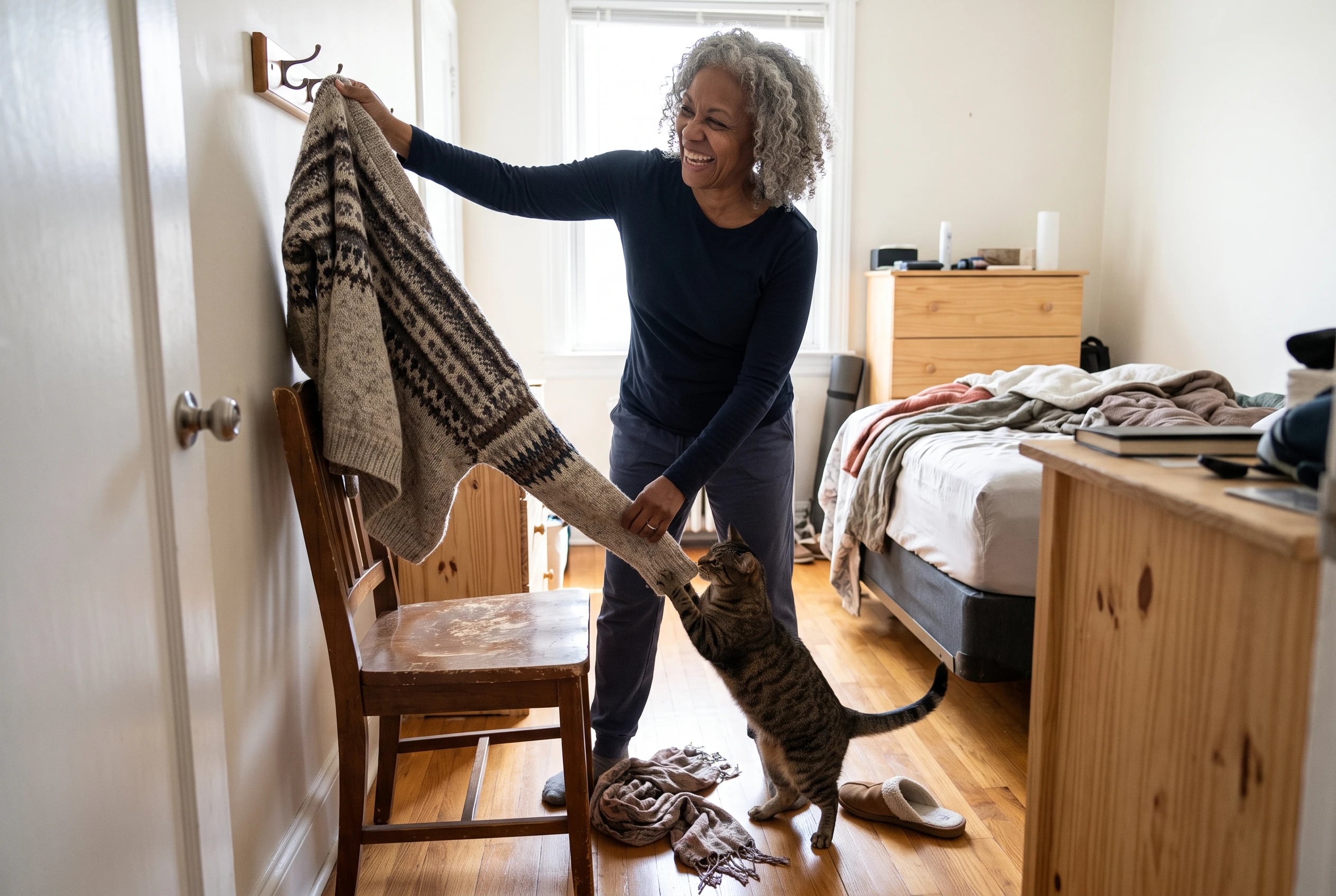 Woman hanging a sweater on a bedroom wall hook beside an empty chair.