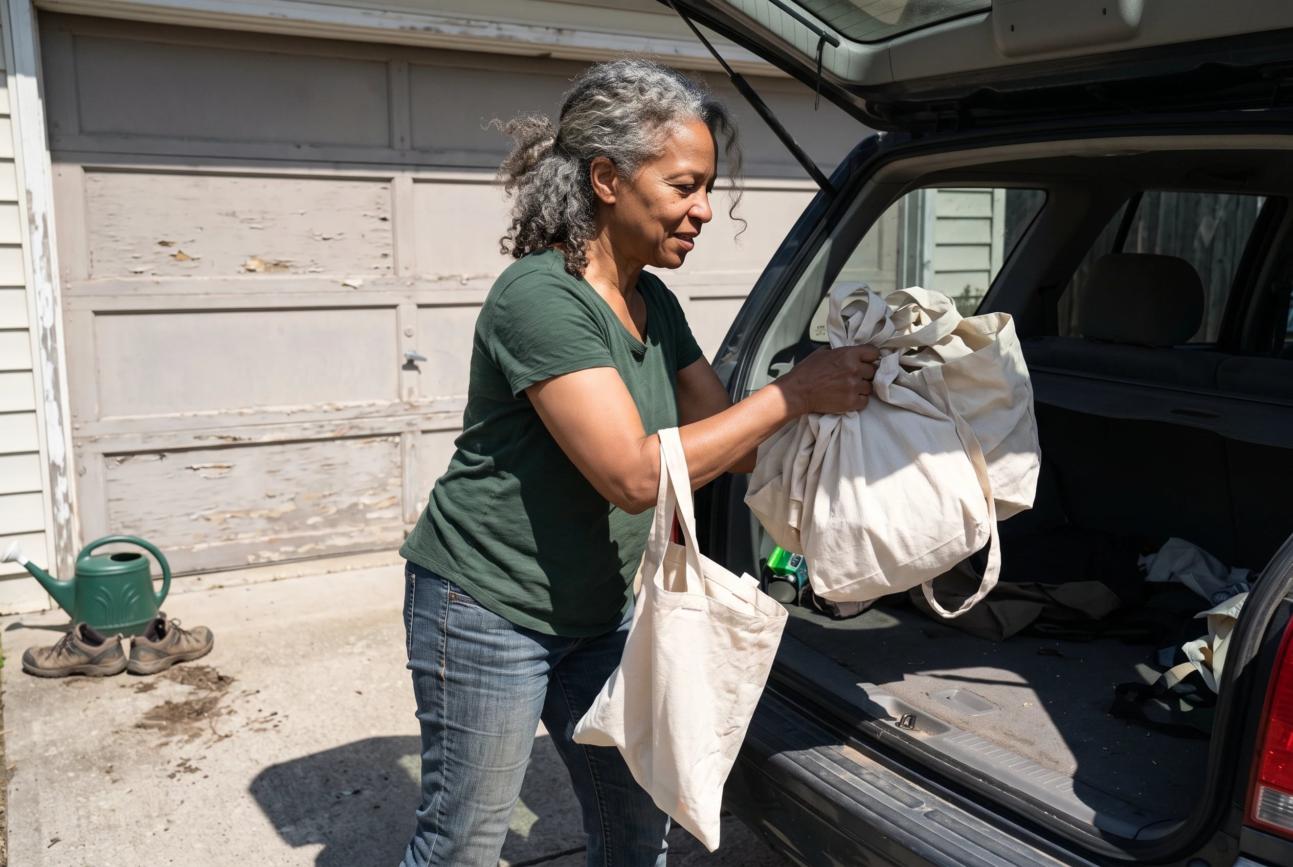 Woman taking reusable bags out of her car trunk in a driveway.