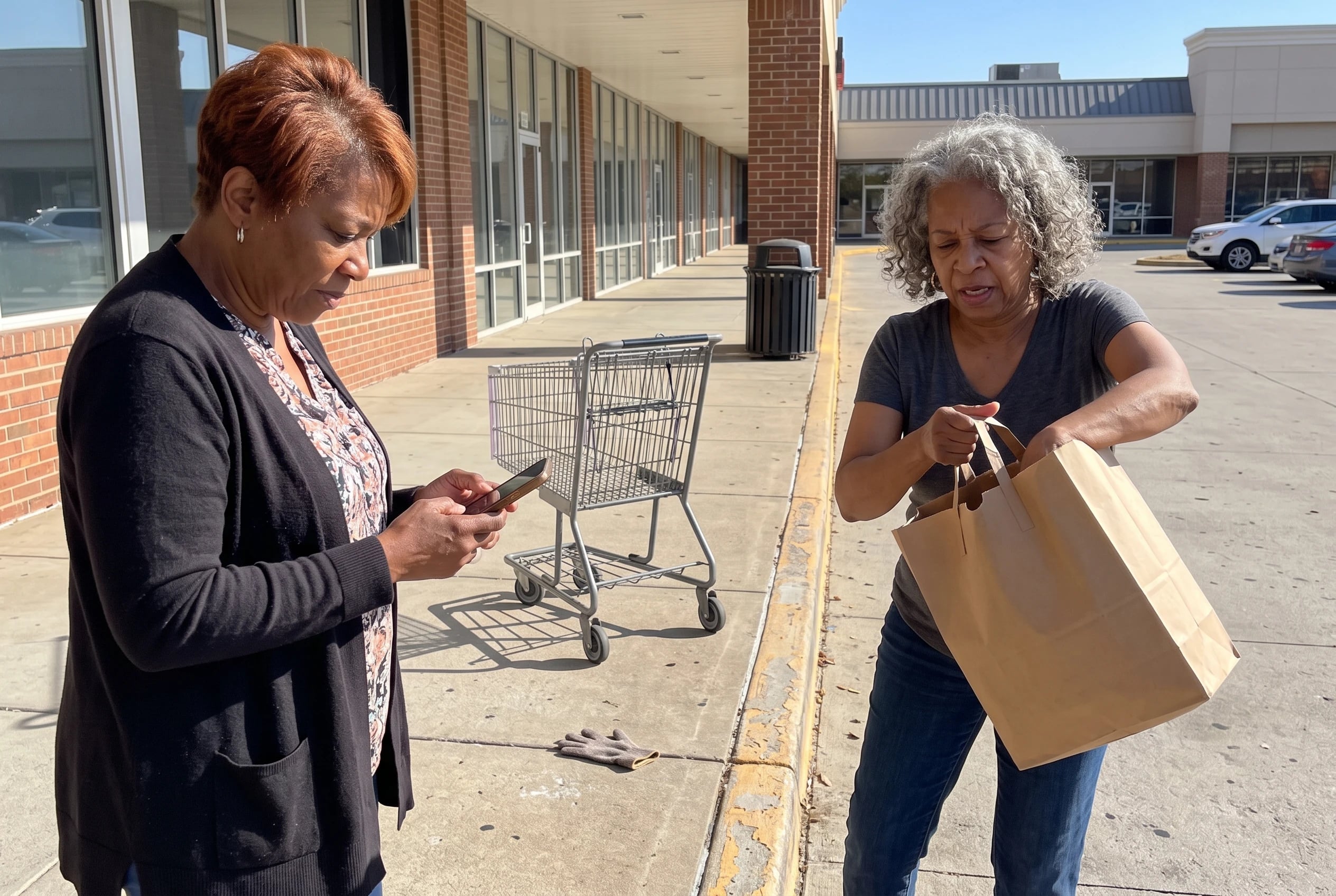 A woman checks discount details on her phone outside a shopping center.