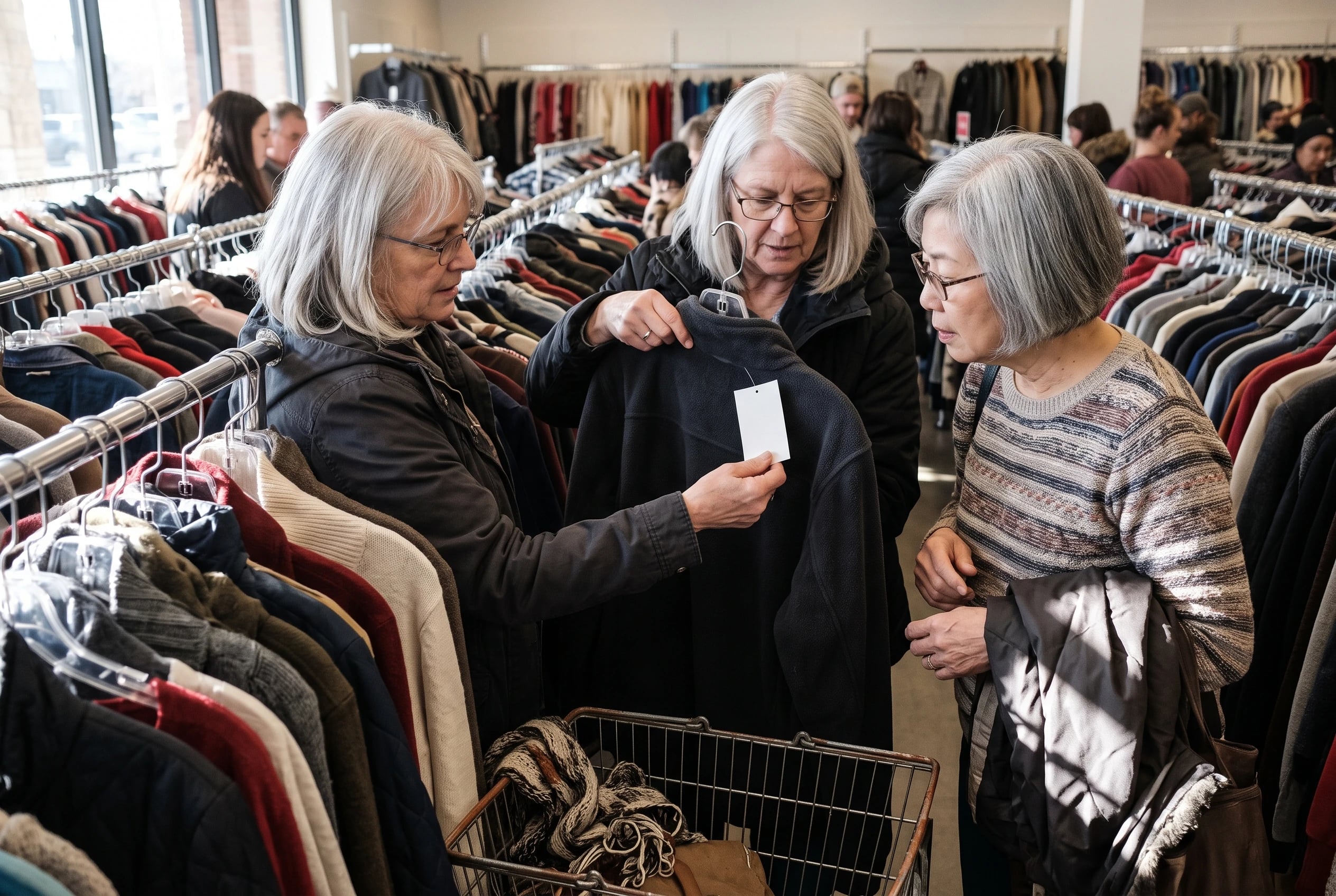A woman examines a jacket price tag beside a clothing rack at Marshalls.