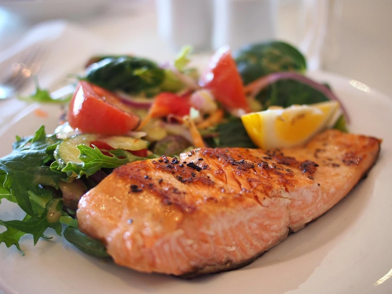 Close-up of seared salmon fillet with fresh salad, tomato wedges and a lemon slice on a white plate