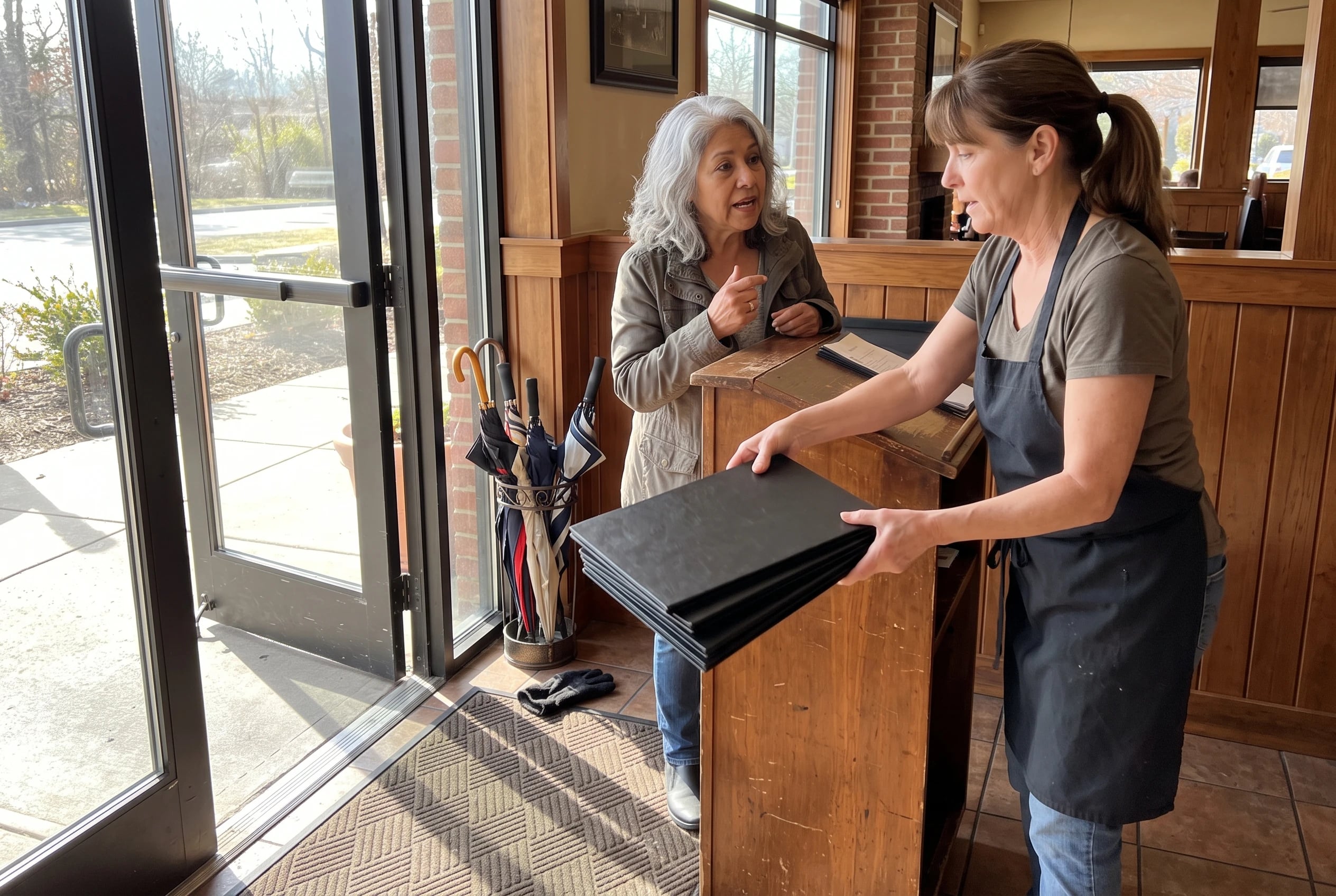 A woman speaks with a host at the entrance to Carrabba’s Italian Grill.