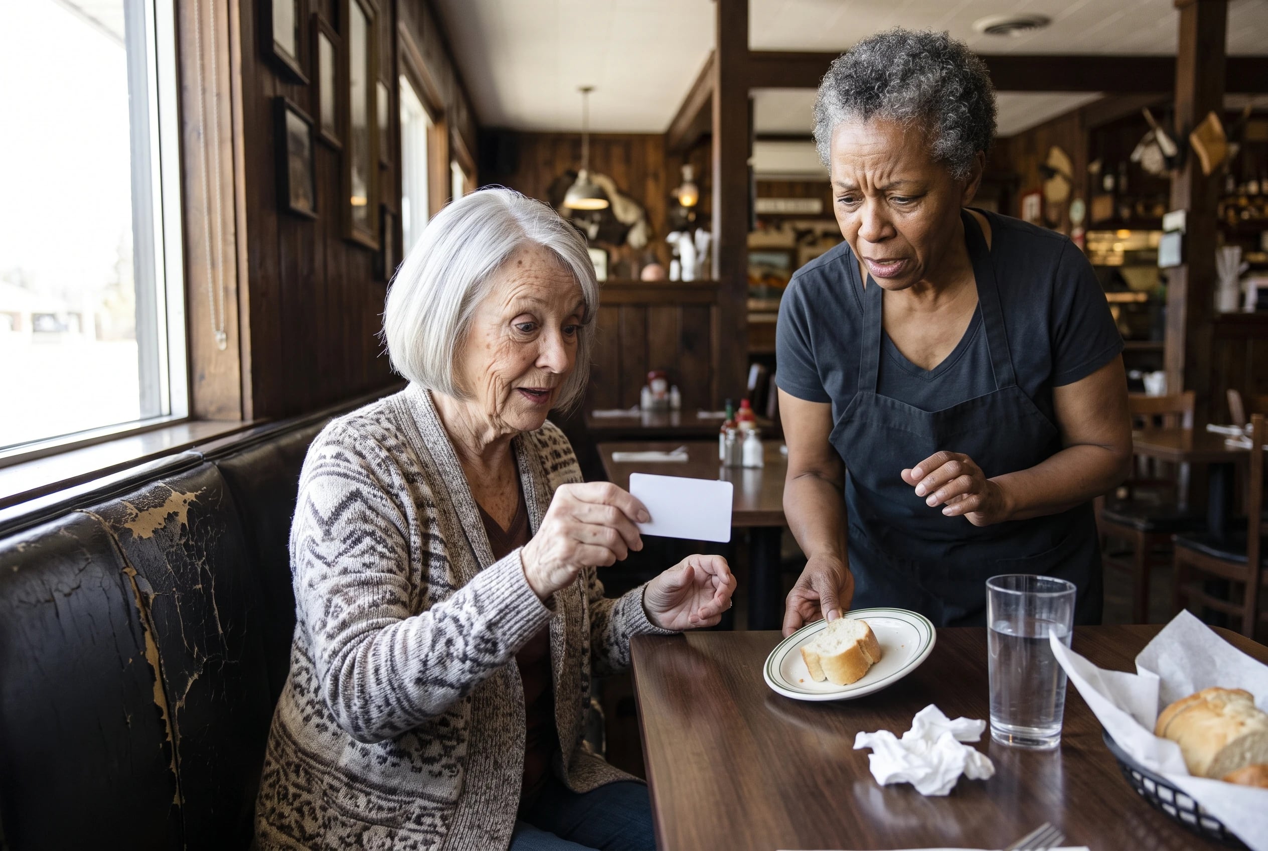 A woman shows her membership card to a server inside Outback Steakhouse.