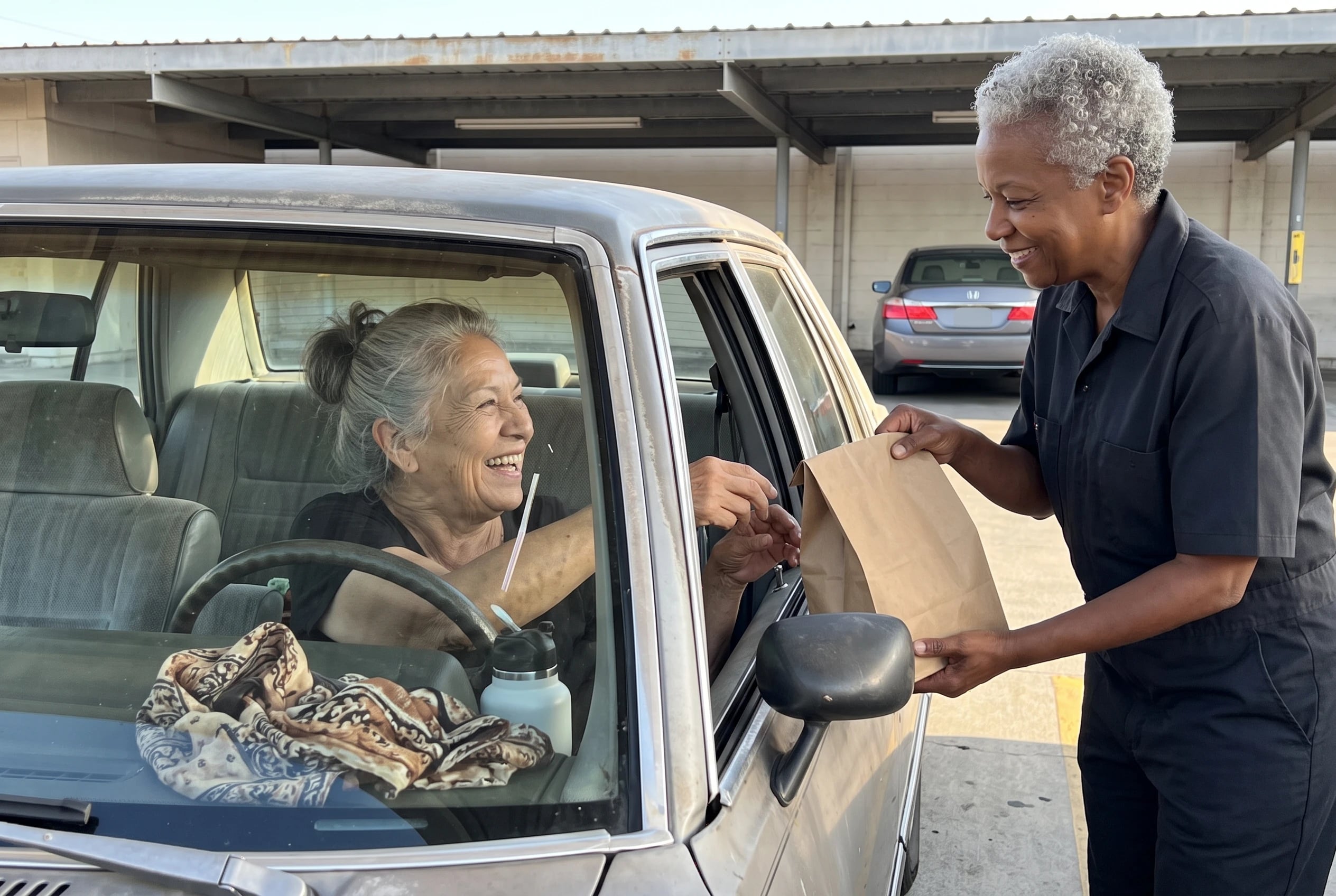 A woman receives a meal bag through her car window at Sonic Drive-In.