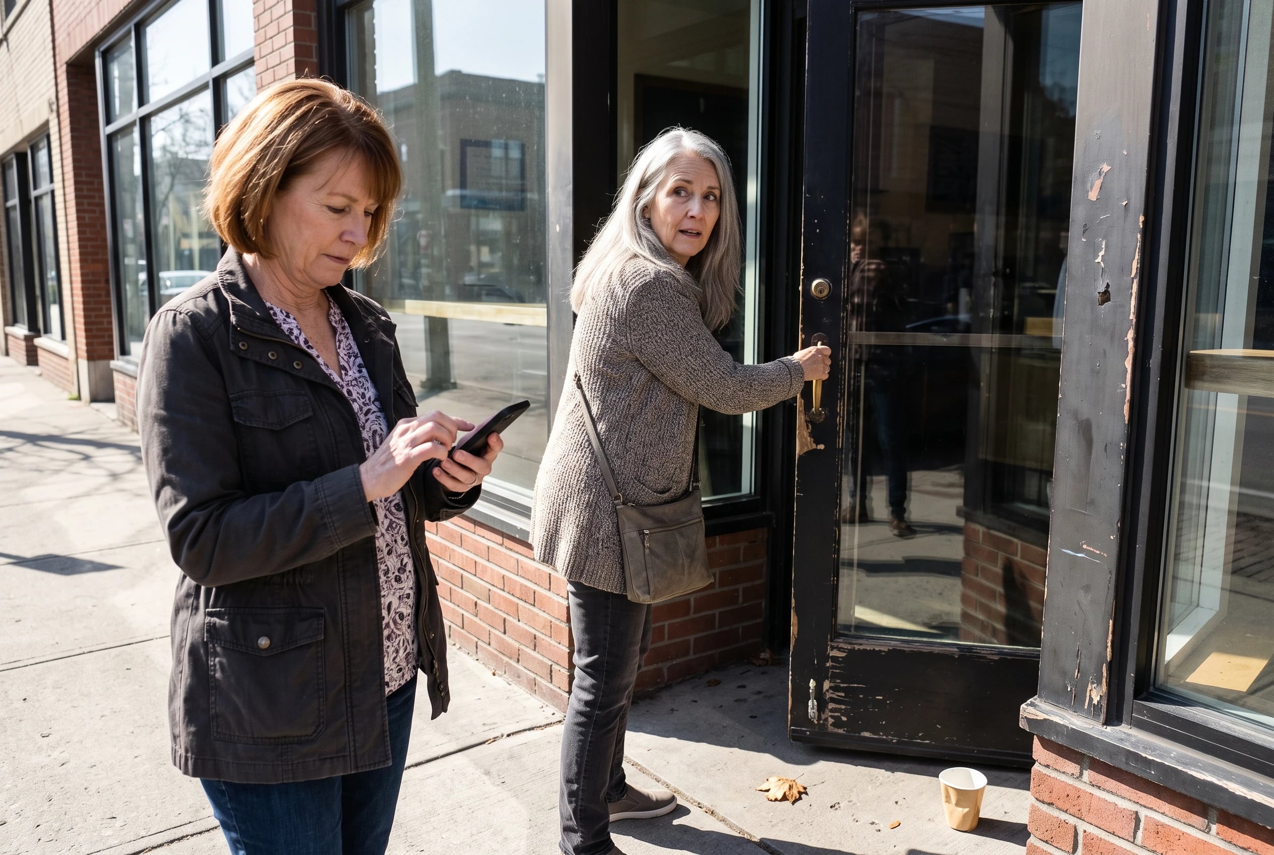 A woman checks the Dunkin’ app on her phone outside a coffee shop.