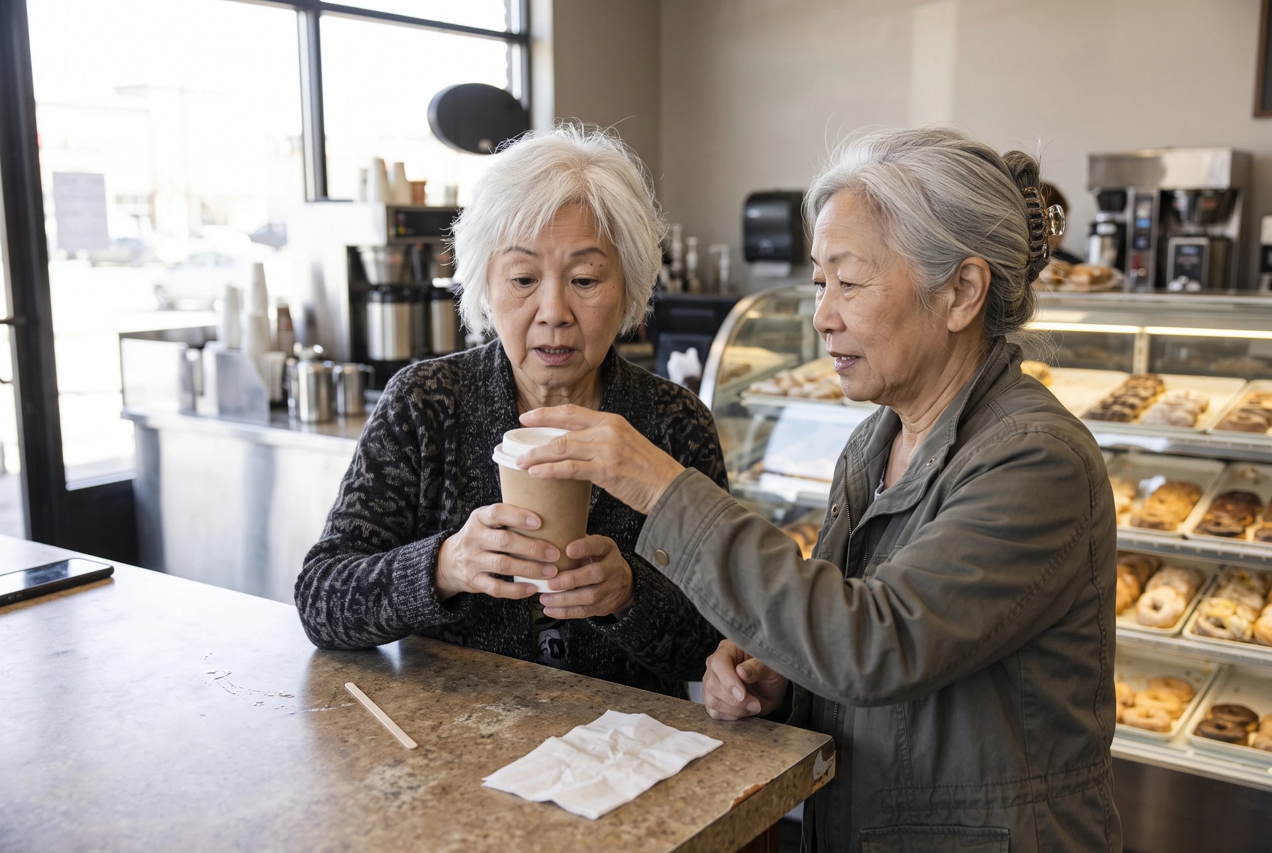 A woman holds a coffee near the pickup counter inside Dunkin’.