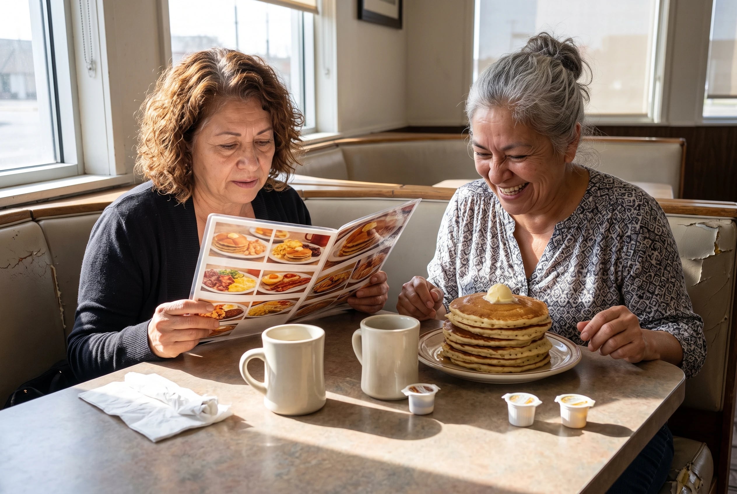 A woman reads the menu in a Denny’s booth while her breakfast sits nearby.