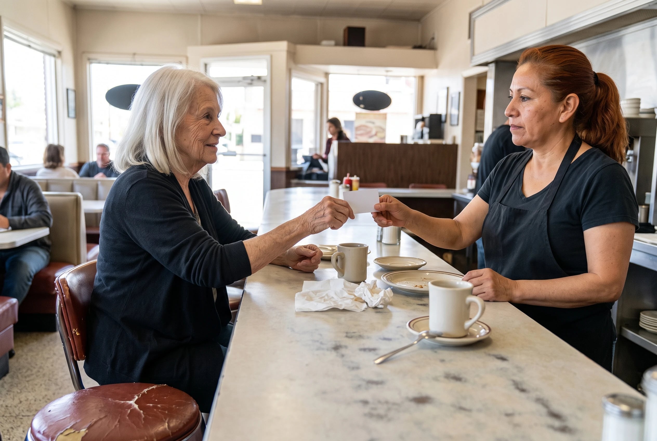 A woman shows her membership card to a server at the counter inside Denny’s.