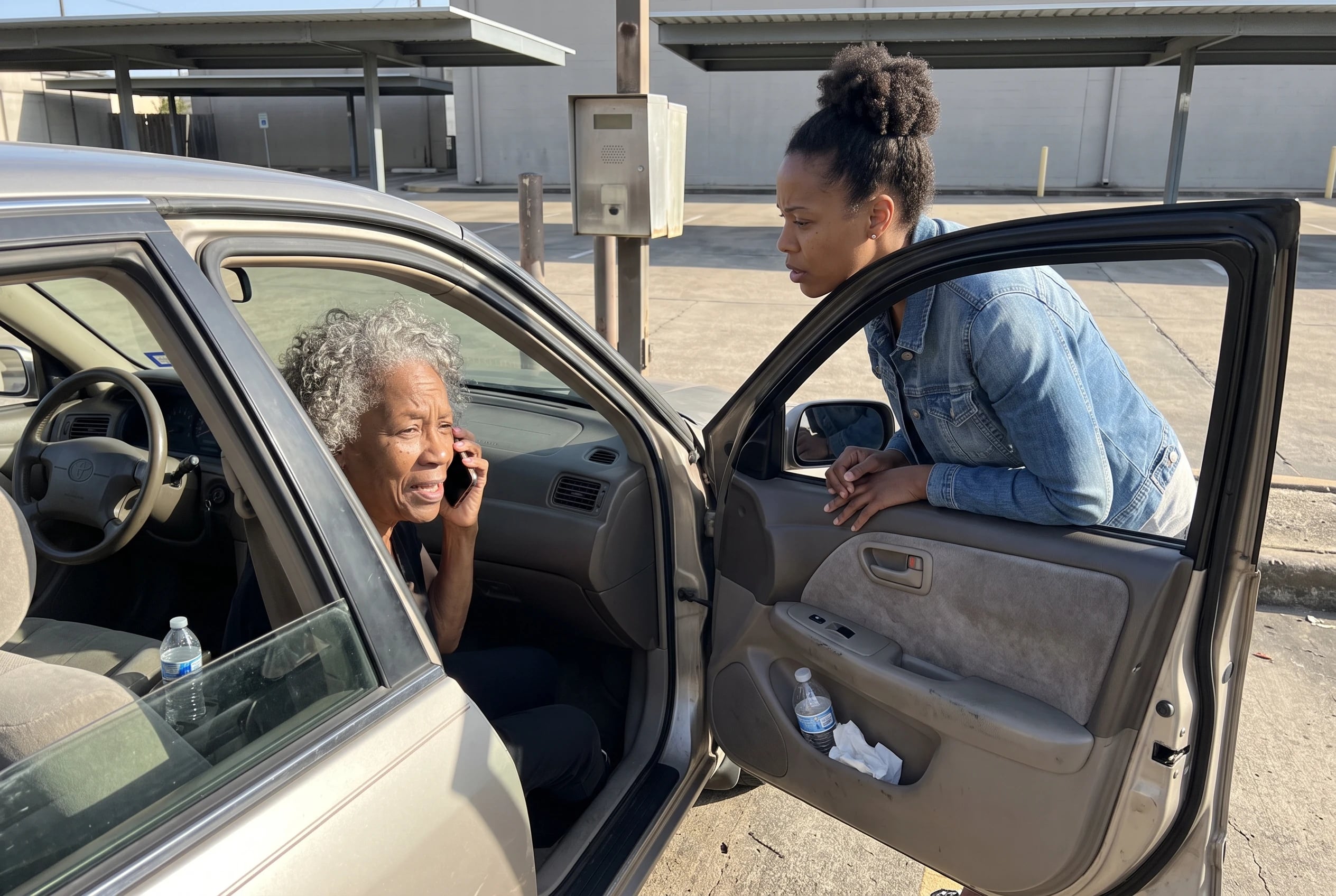 A woman sits in her parked car outside a Sonic Drive-In while speaking into her phone.