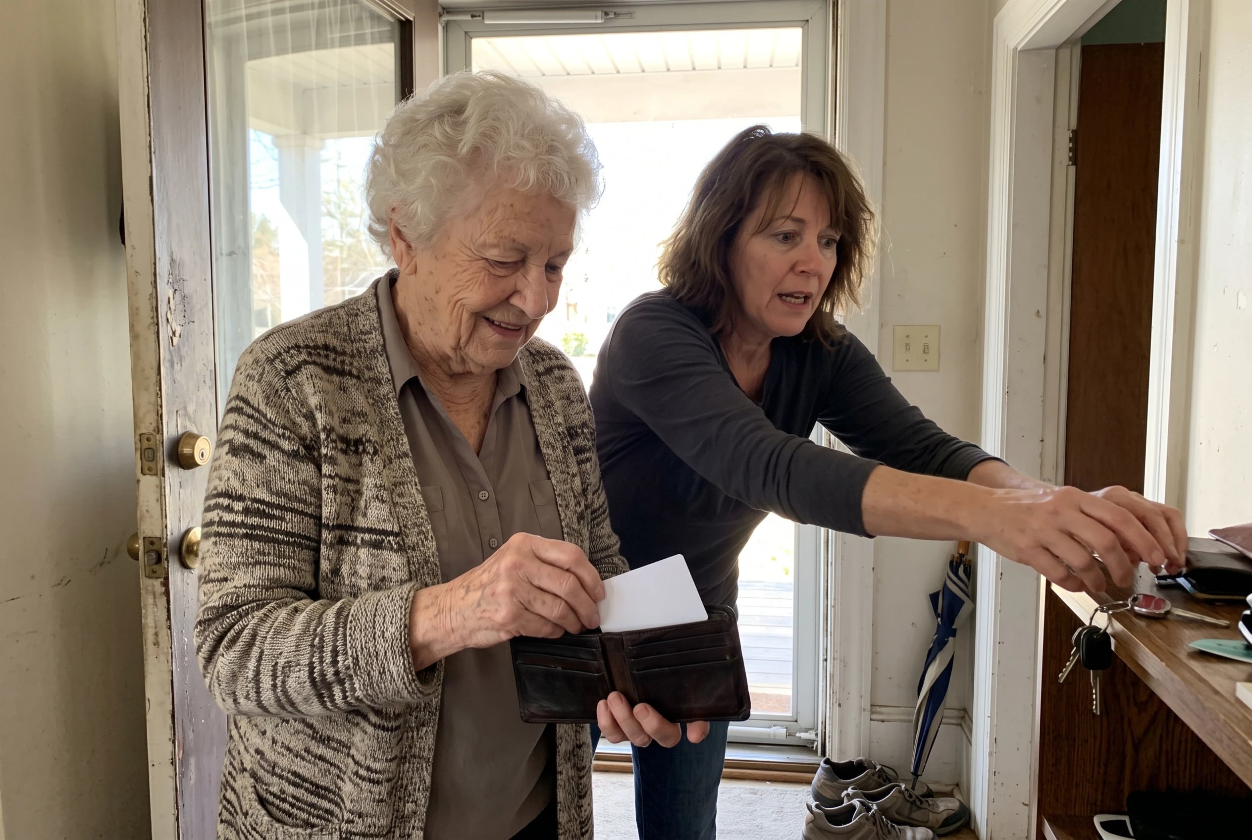 A woman puts an AARP membership card into her wallet beside her front door.