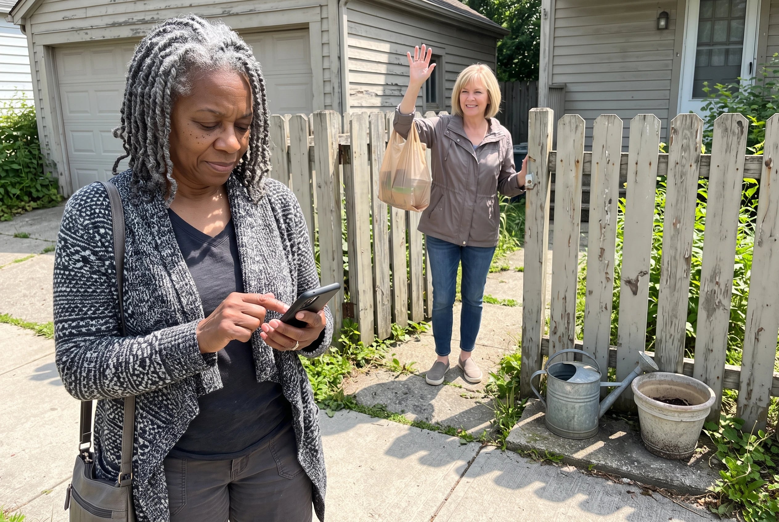 A woman books a ride by phone on the sidewalk outside her home.