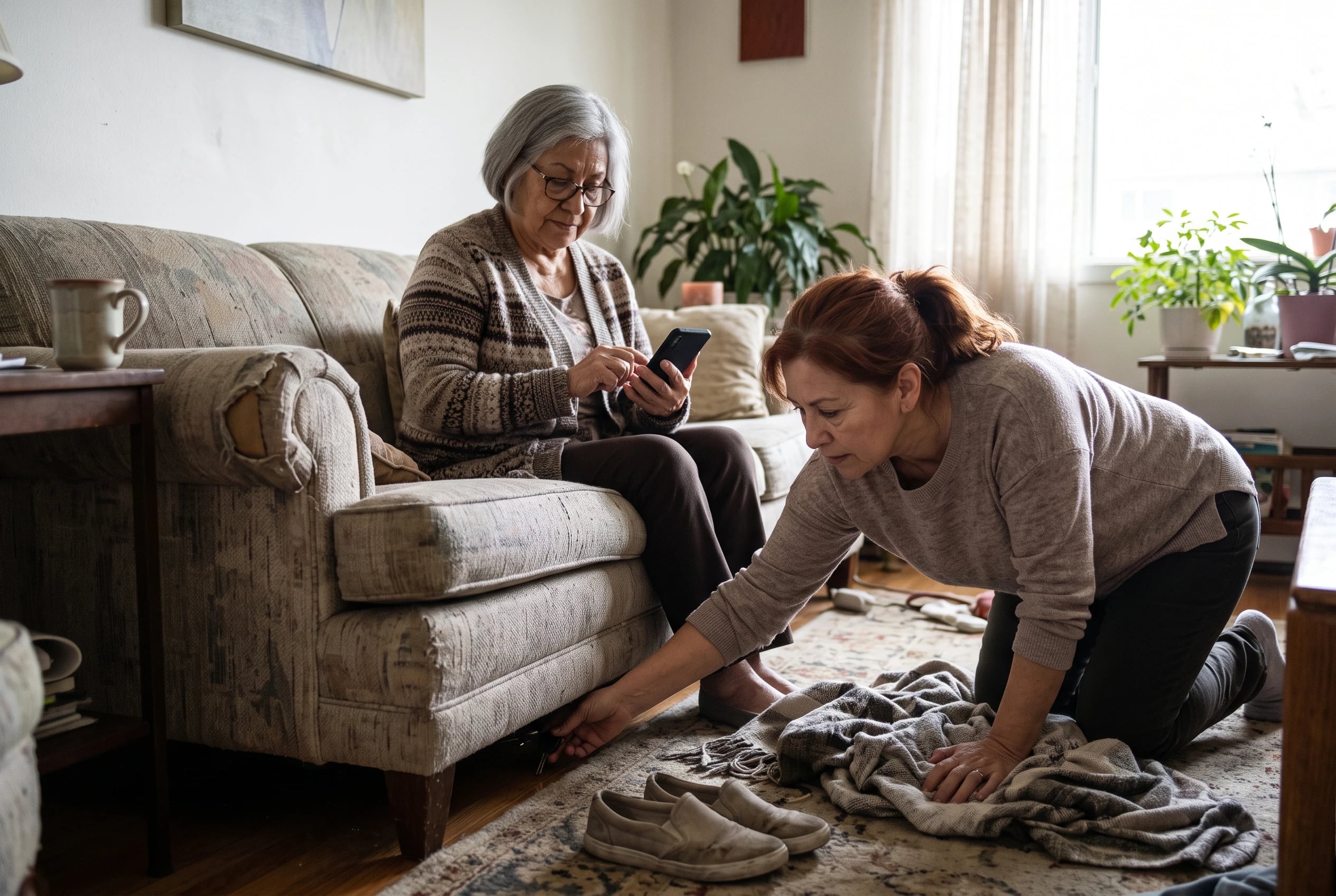 A woman reviews an Uber order total on her phone while standing in her living room.