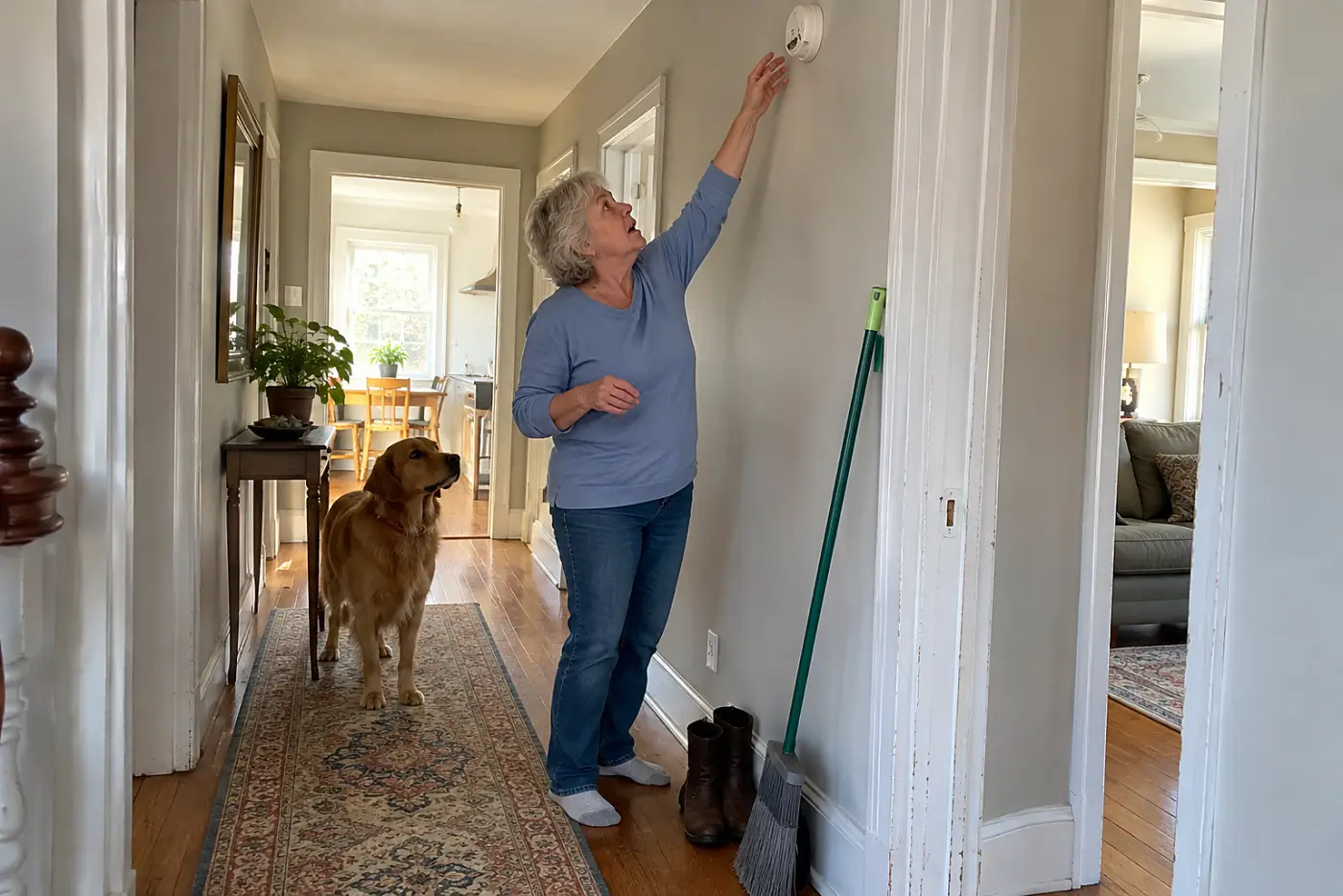 Older woman reaching toward a smoke alarm in her hallway while her dog waits at the doorway.