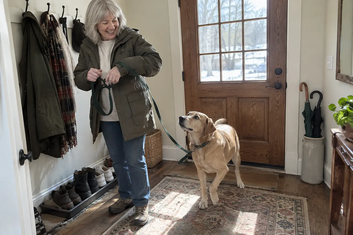 Older woman holding a leash beneath a wall hook in her entryway while her dog waits.