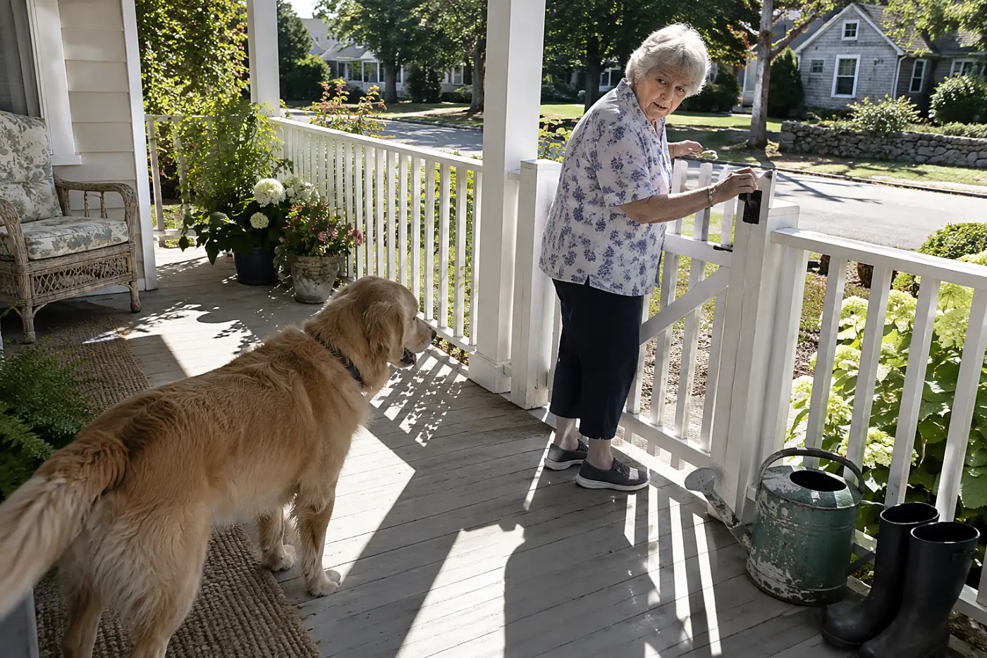 Older woman checking a front gate latch while her dog watches from inside the porch.