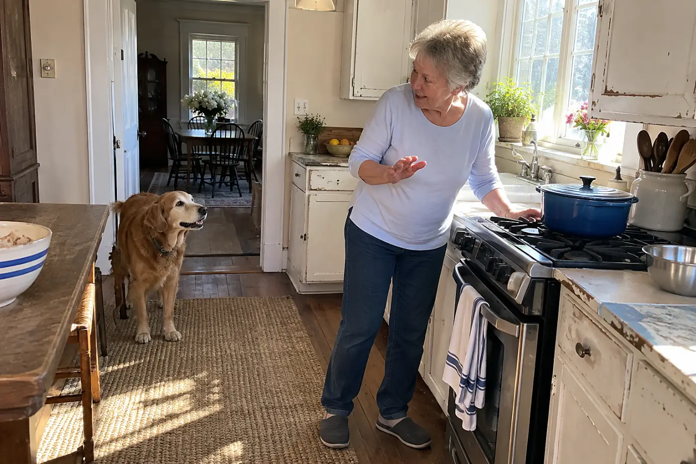 Older woman checking a stove burner while her dog waits near the kitchen doorway.