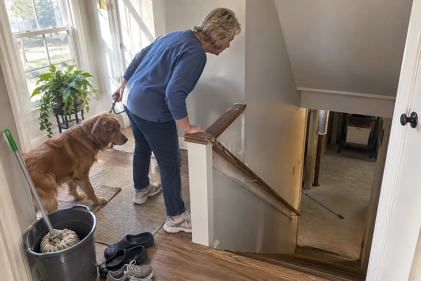 Older woman holding her dog behind her at the top of basement stairs while she looks down.
