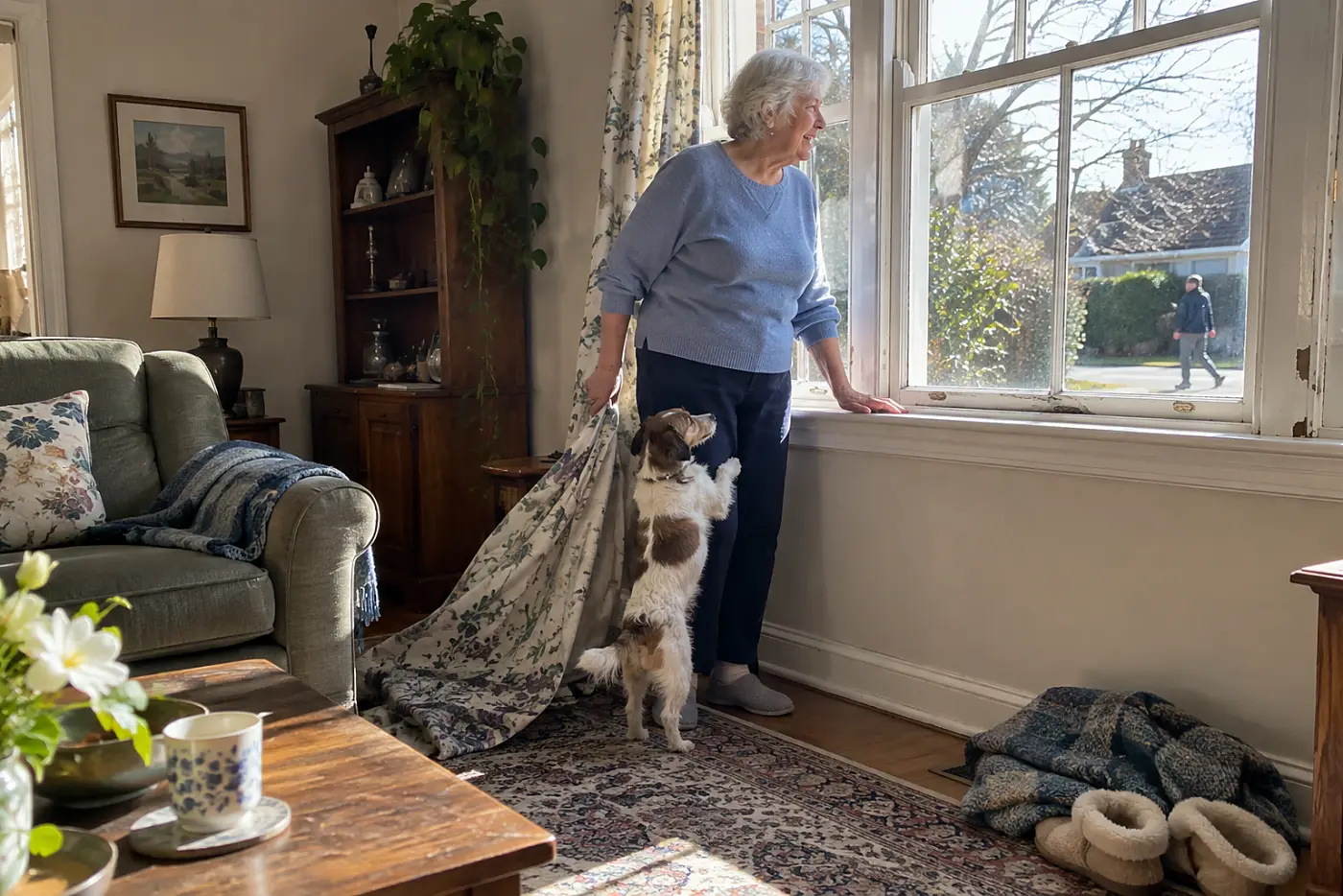 Older woman standing at a living room window while her dog leans against her leg.