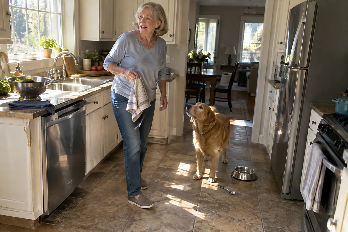 Older woman standing by a kitchen counter while her dog waits beside an untouched food bowl.