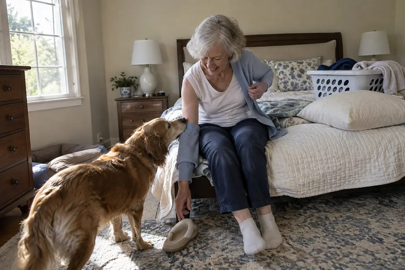 Older woman sitting on her bedroom bed while her dog presses his nose against her knee.