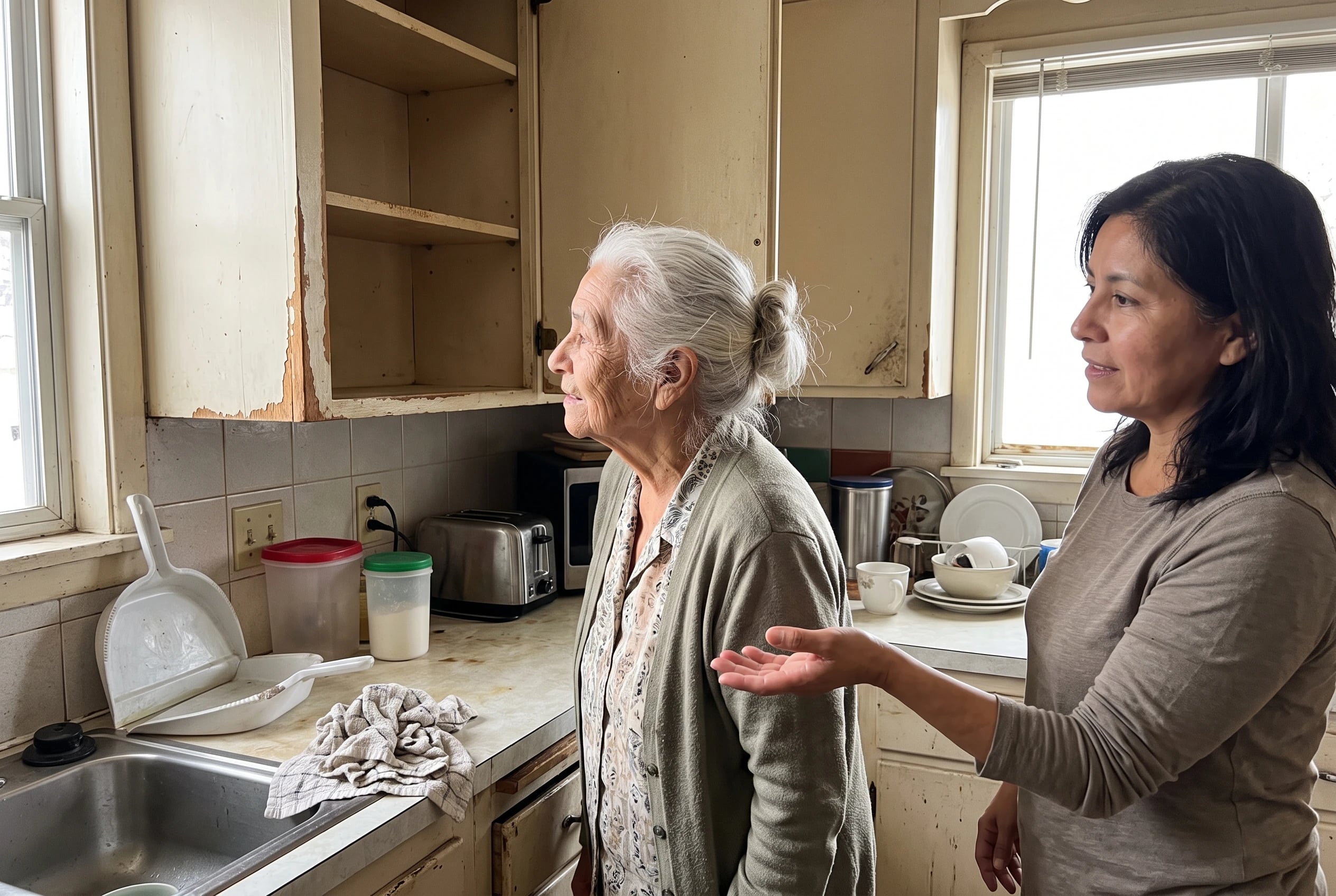 Older woman checking an empty cupboard in her old kitchen before handing over the keys.