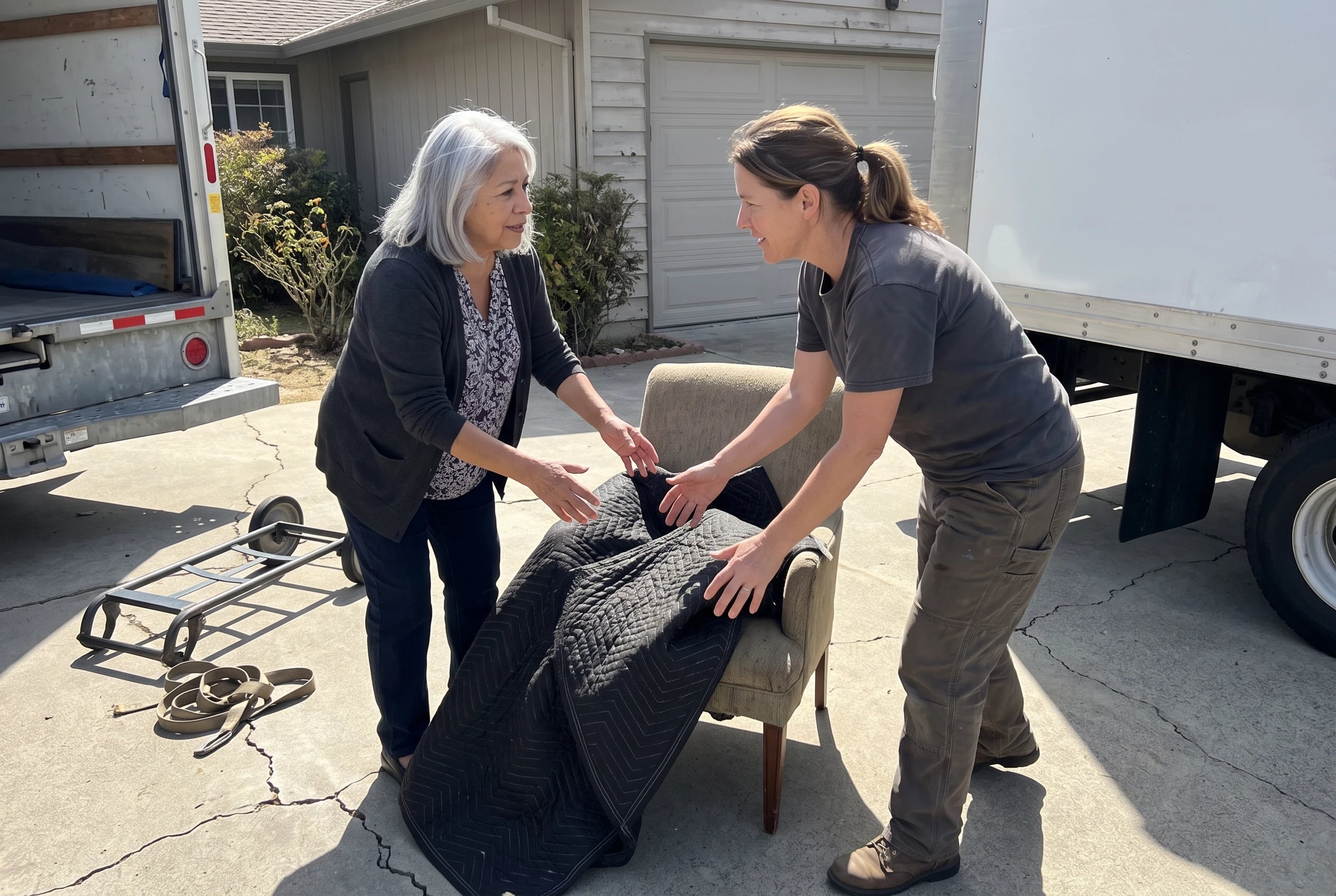 Older woman speaking with a mover beside a parked truck outside her home.