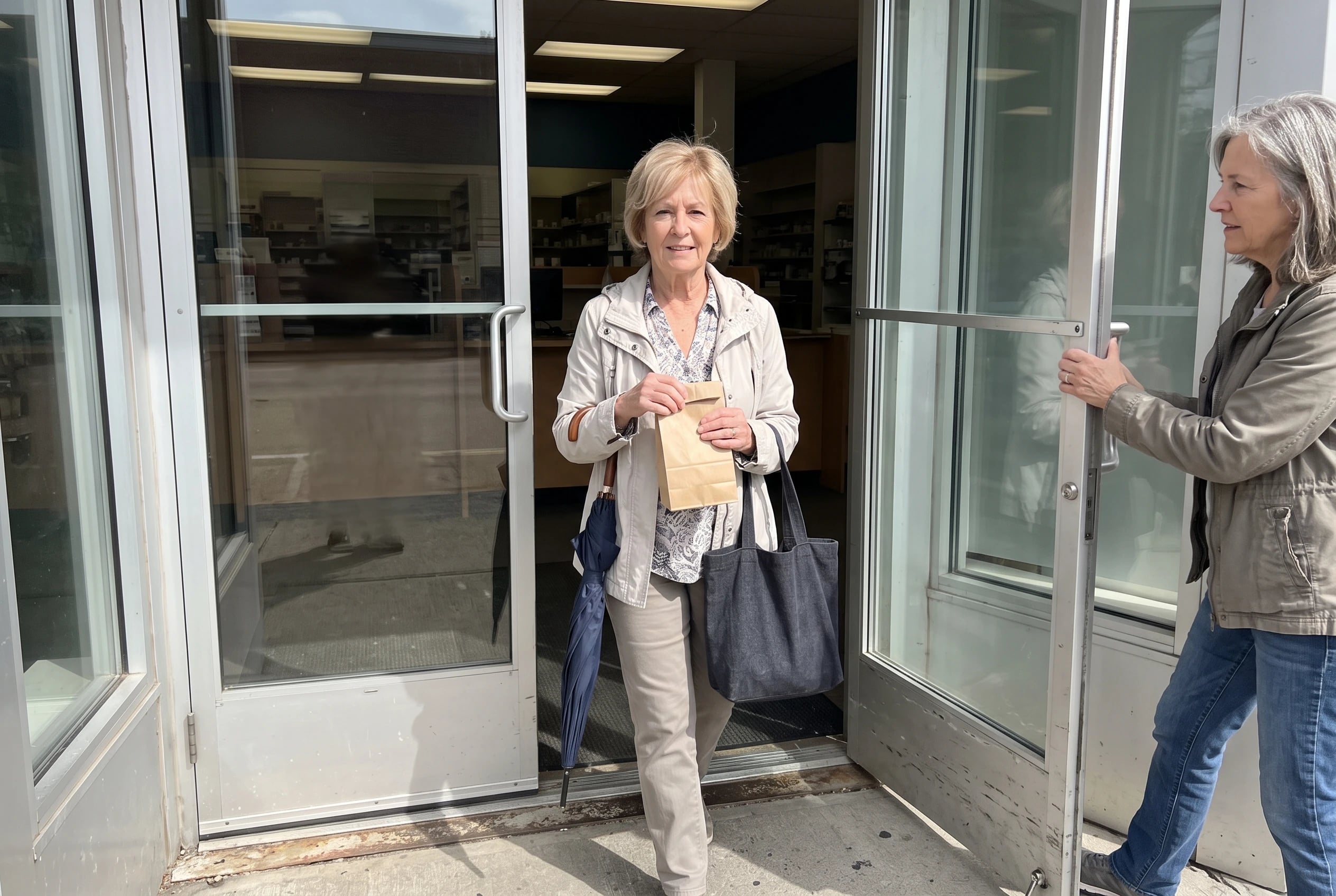 Older woman carrying a sealed medicine bag into a pharmacy.