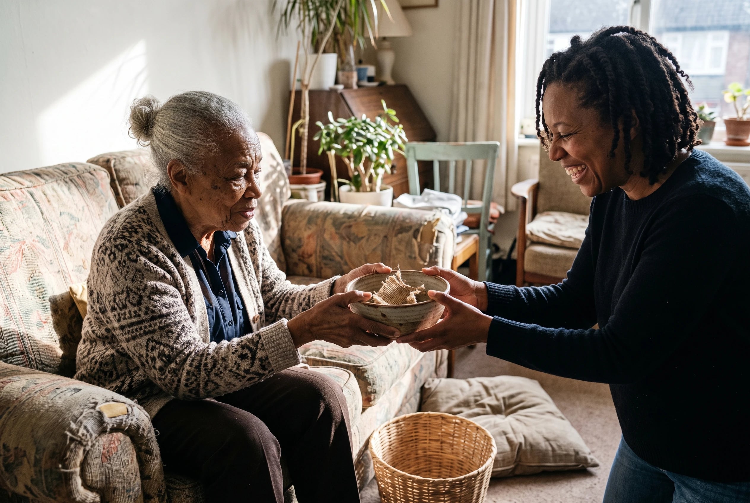 Older woman offering a ceramic bowl to an adult relative in her living room.