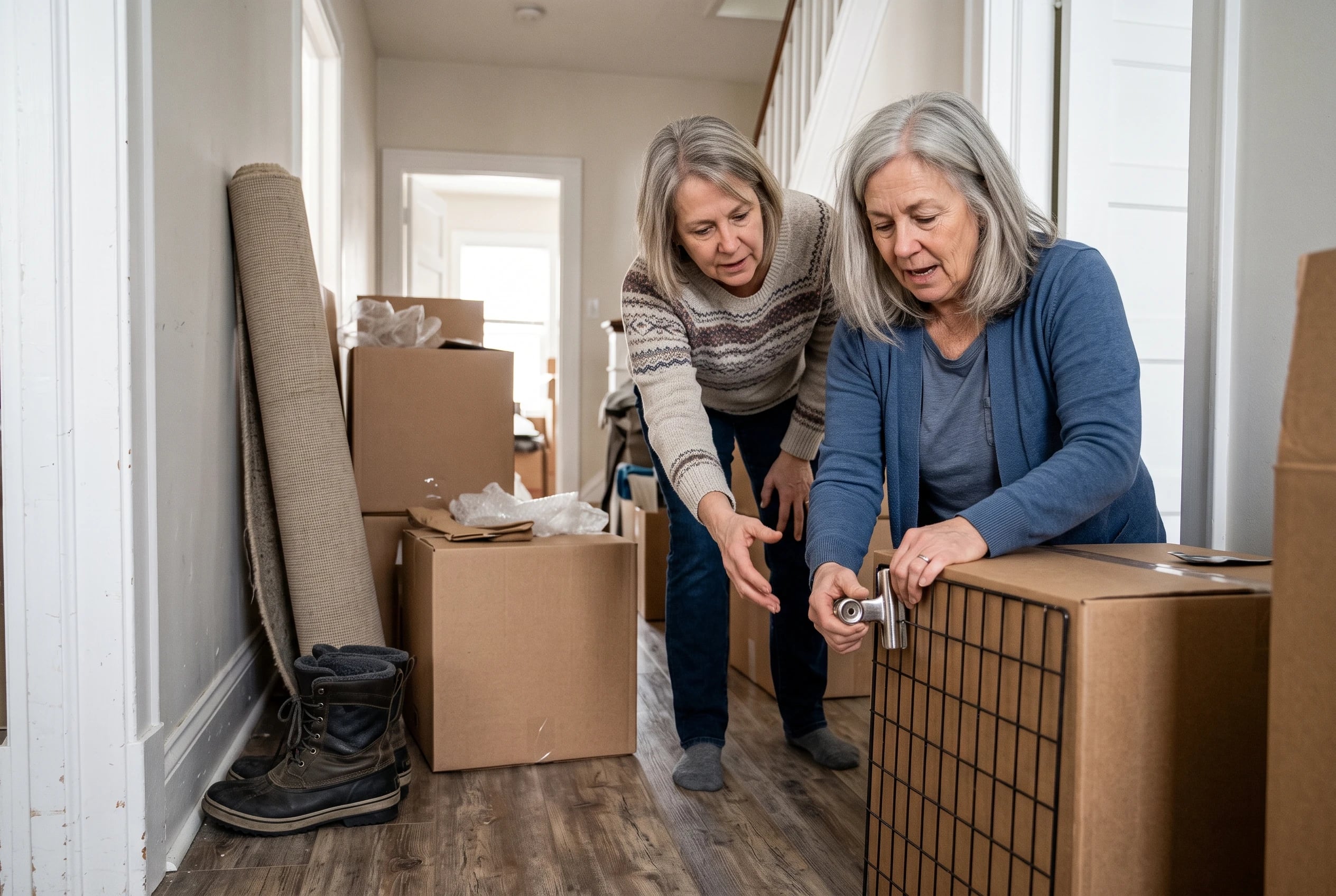 Older woman clipping a room checklist to a box in a hallway.