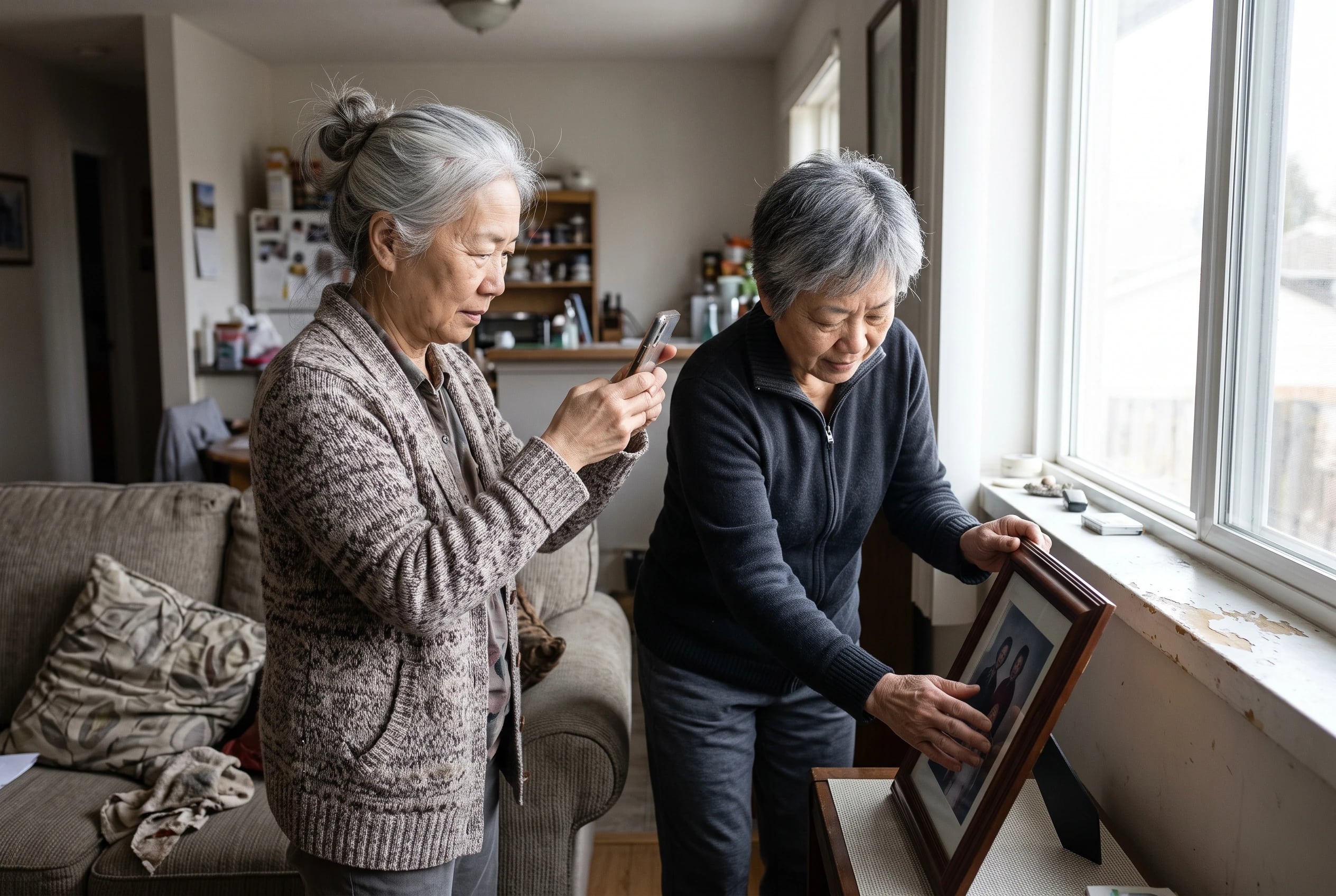 Older woman photographing a family picture beside a living-room window.