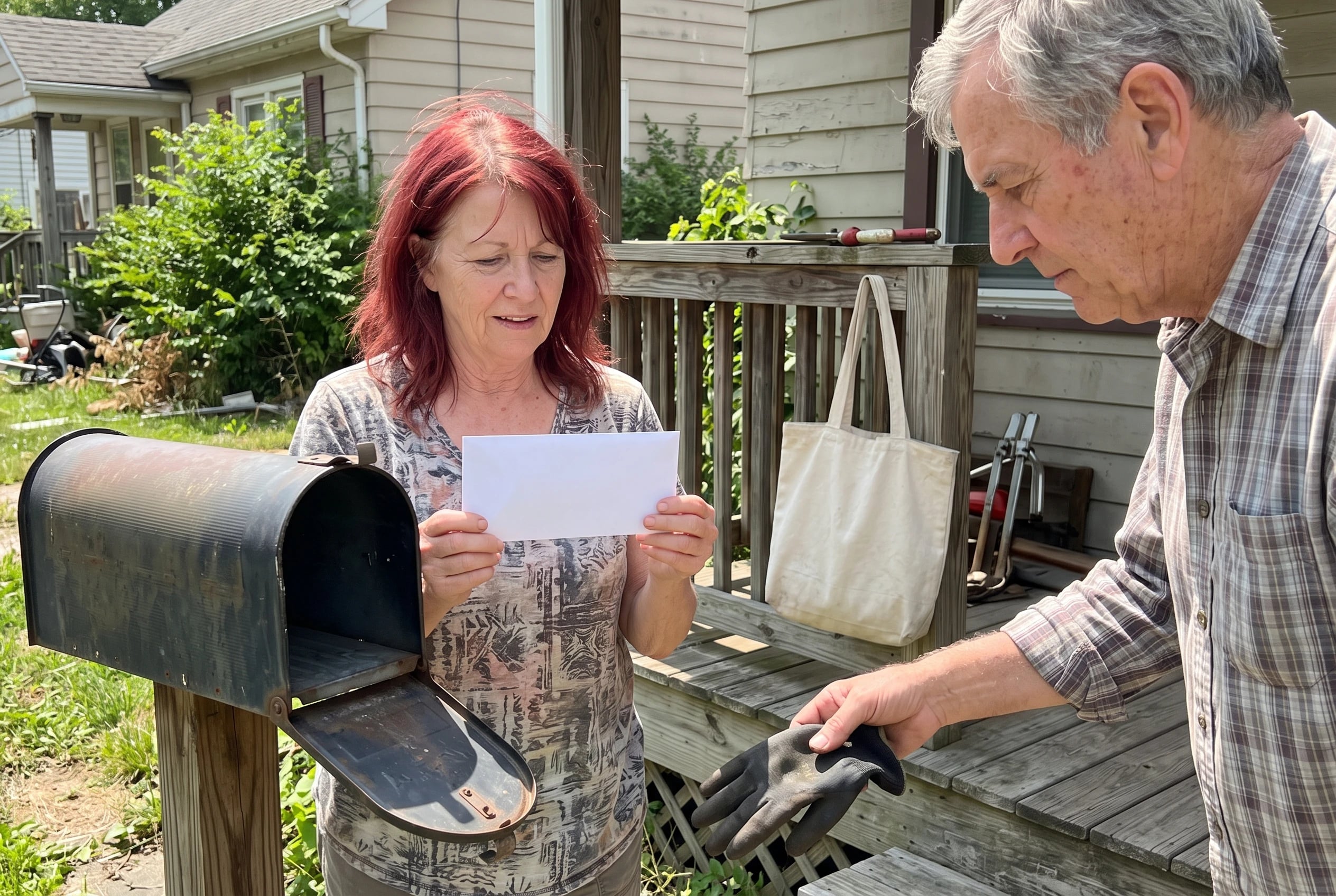 Older woman checking the address on an envelope at her mailbox.