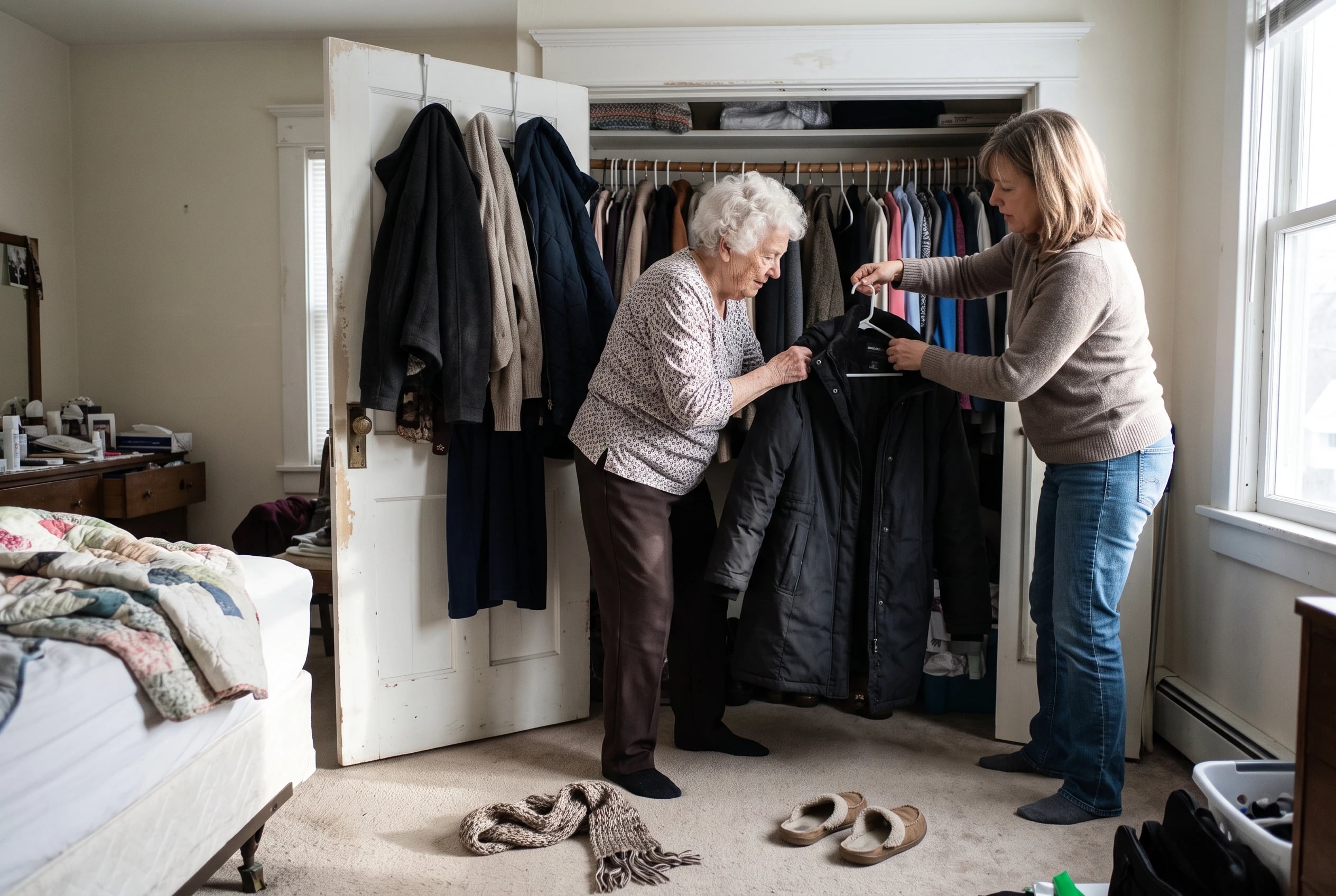 Older woman taking an unworn coat from her bedroom closet.