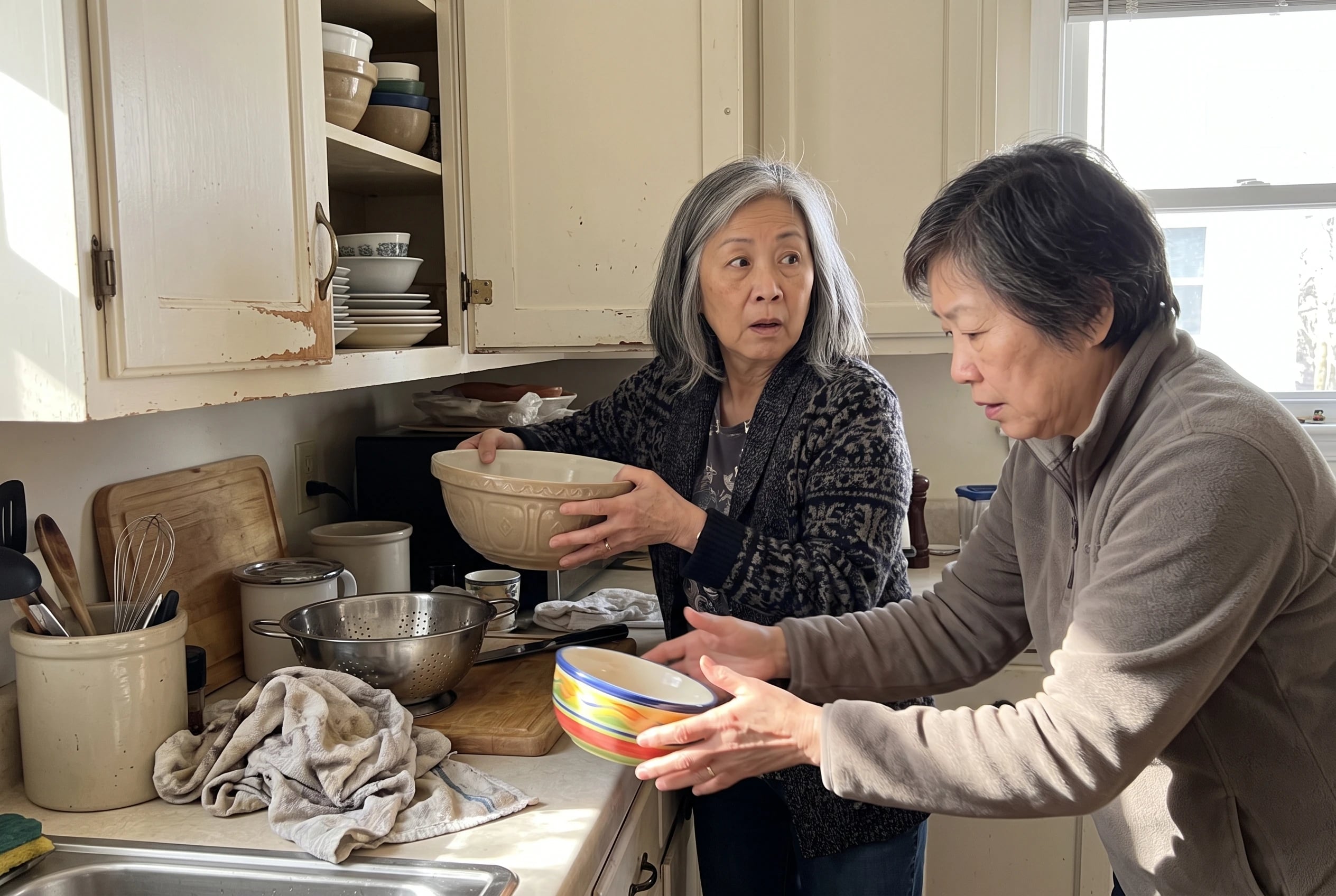 Older woman lifting a spare mixing bowl from a kitchen cabinet.