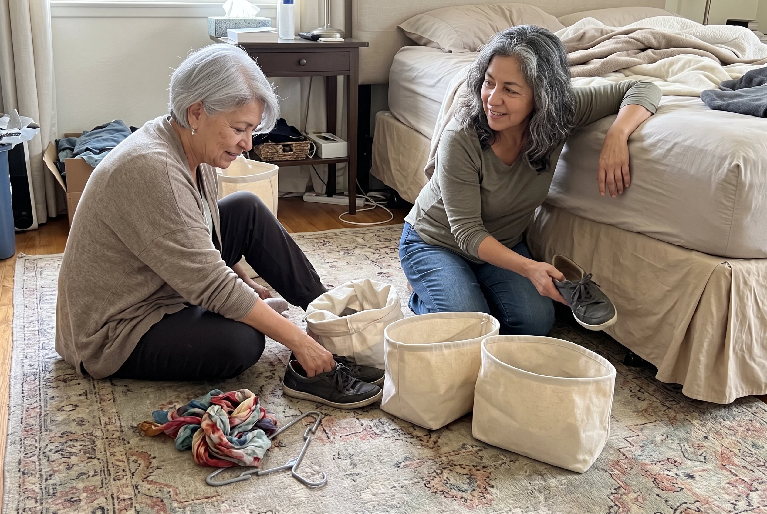 Older woman setting a pair of shoes beside labeled sorting bags on a bedroom floor.