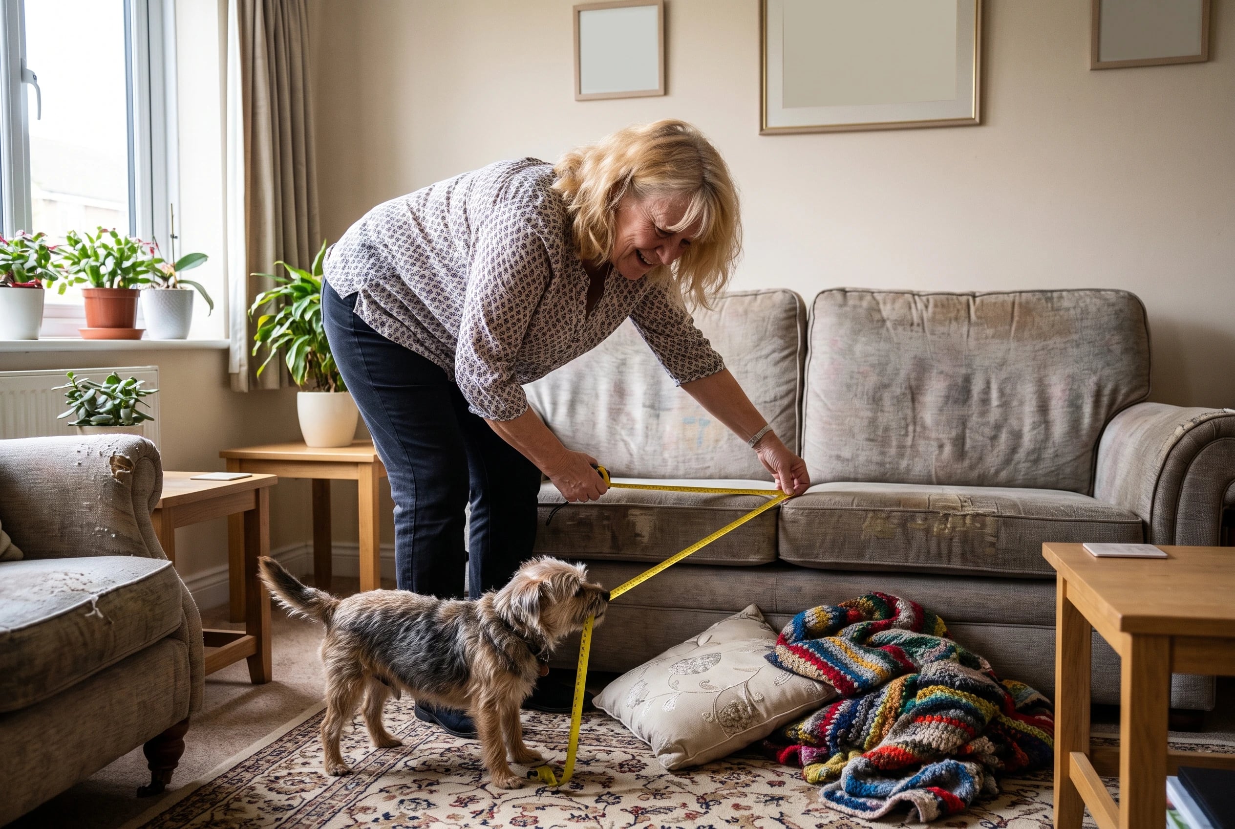 Older woman measuring the width of her sofa in the living room.