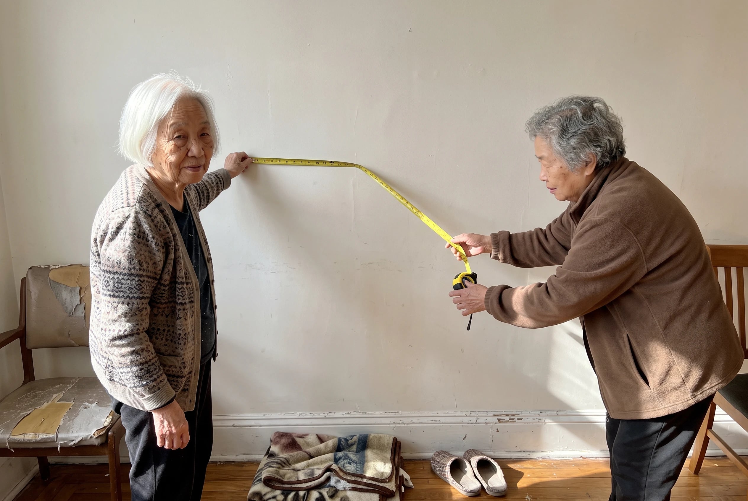 Older woman measuring an empty living-room wall with a tape measure.
