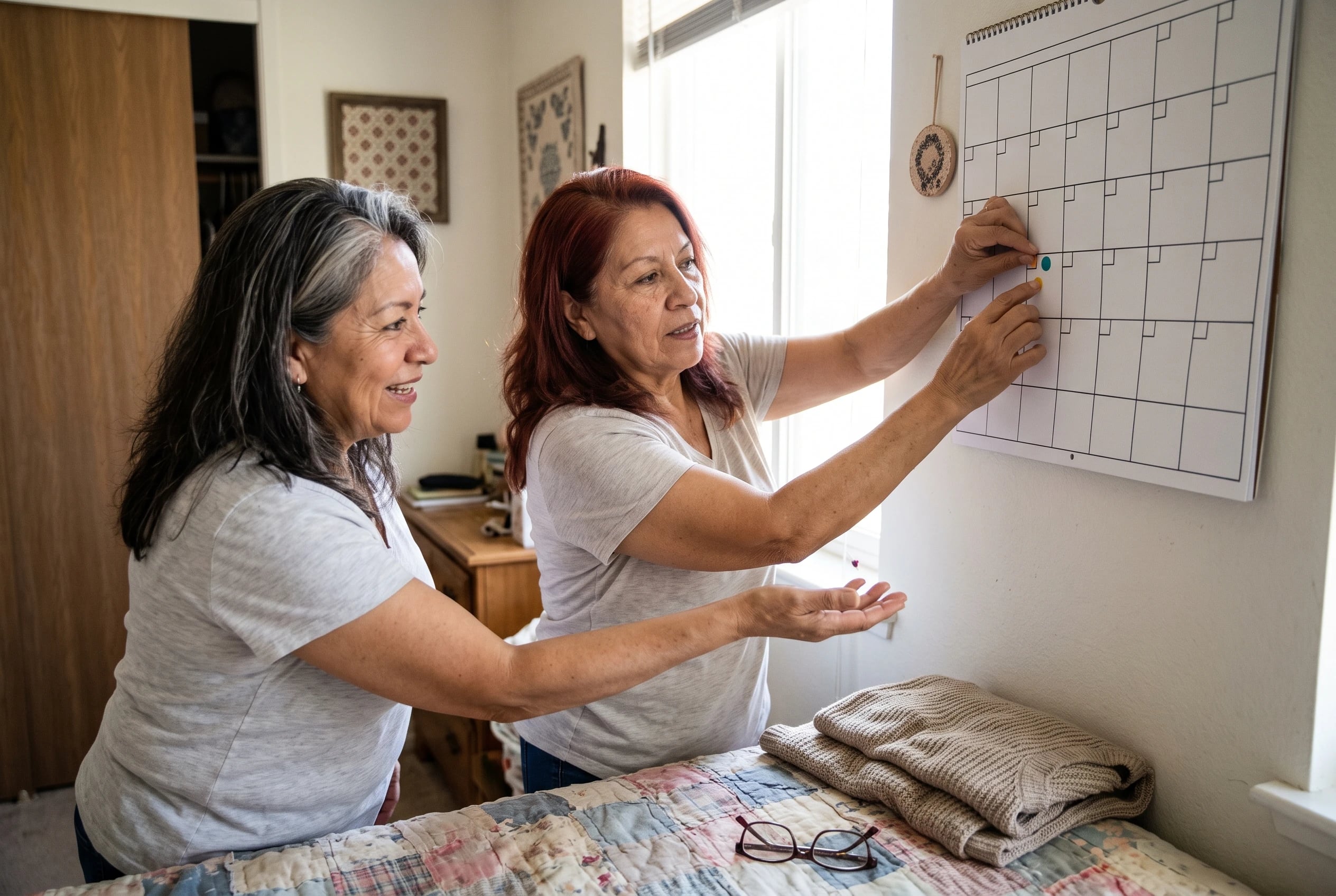 Older woman pinning moving dates to a wall calendar in her bedroom.