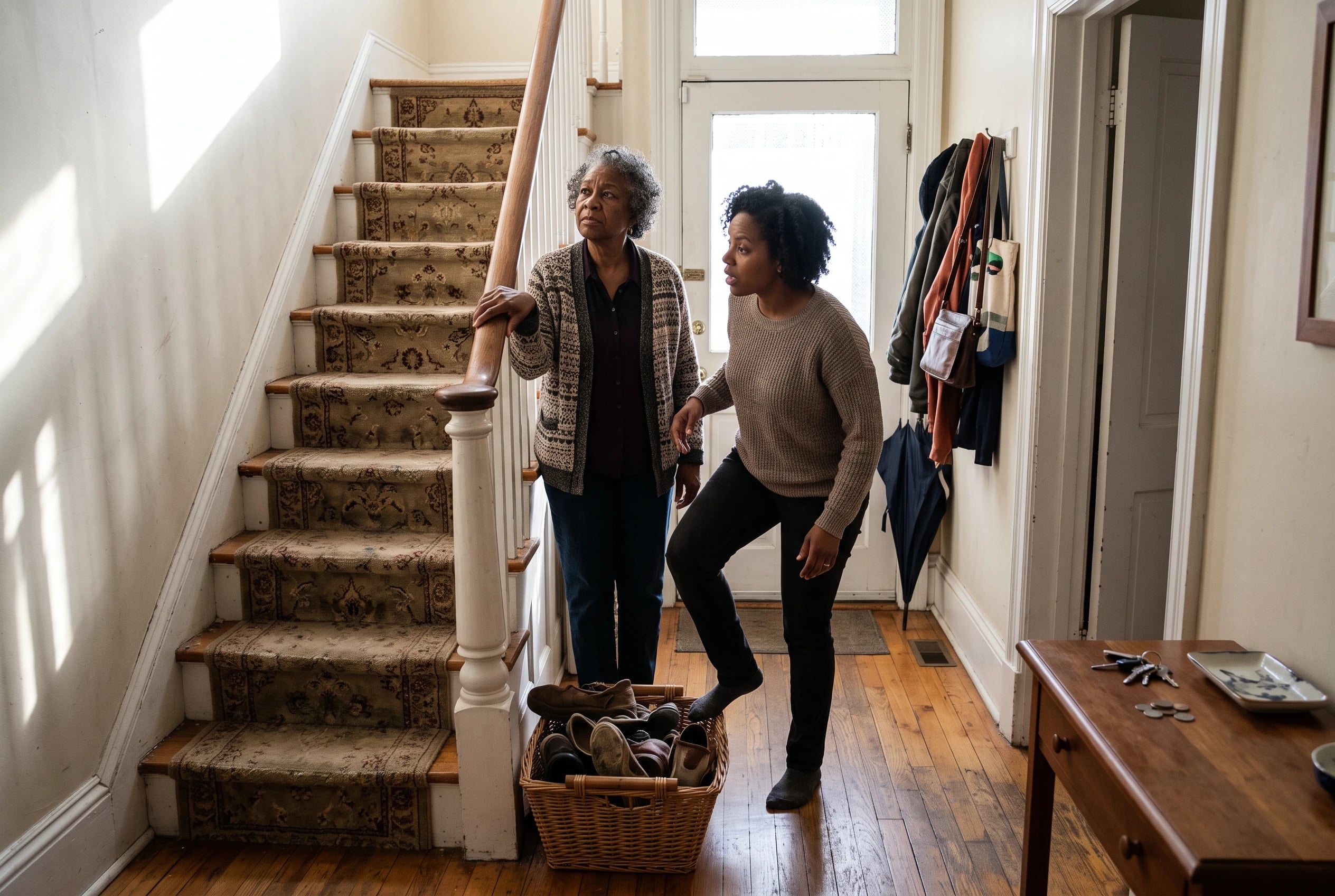 Older woman standing in her hallway, looking toward the stairs while holding a handrail.