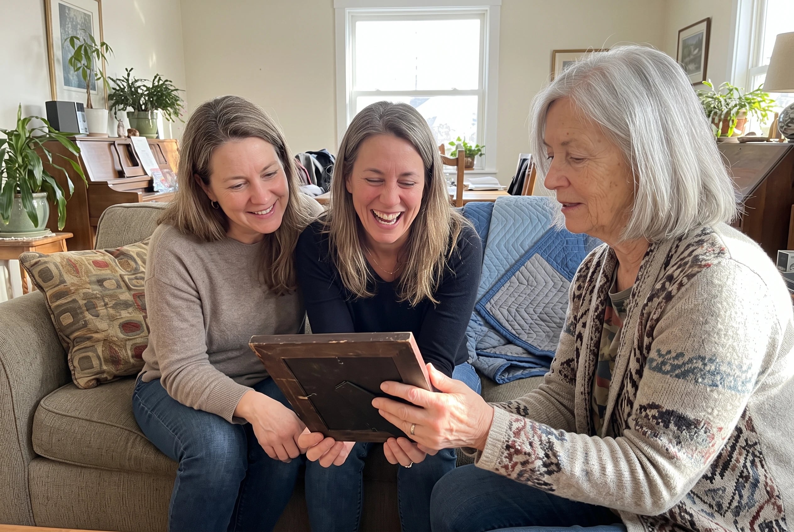 Older woman showing a framed photograph to relatives in her living room.