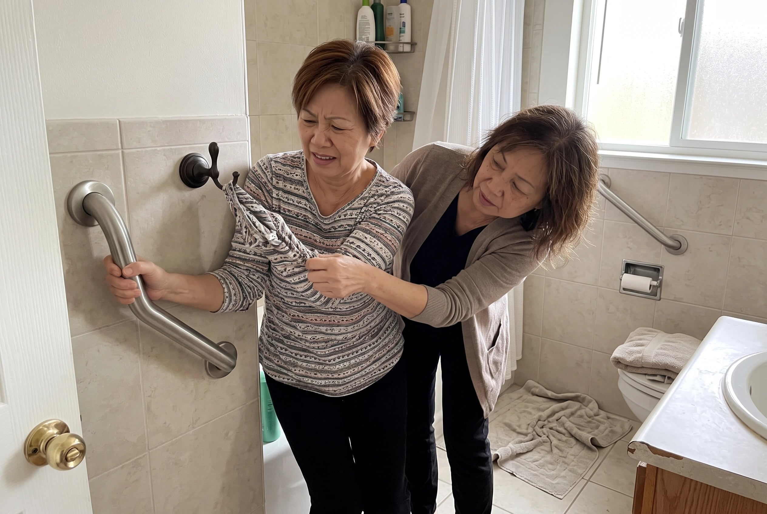 Older woman checking a bathroom grab bar in her new home.