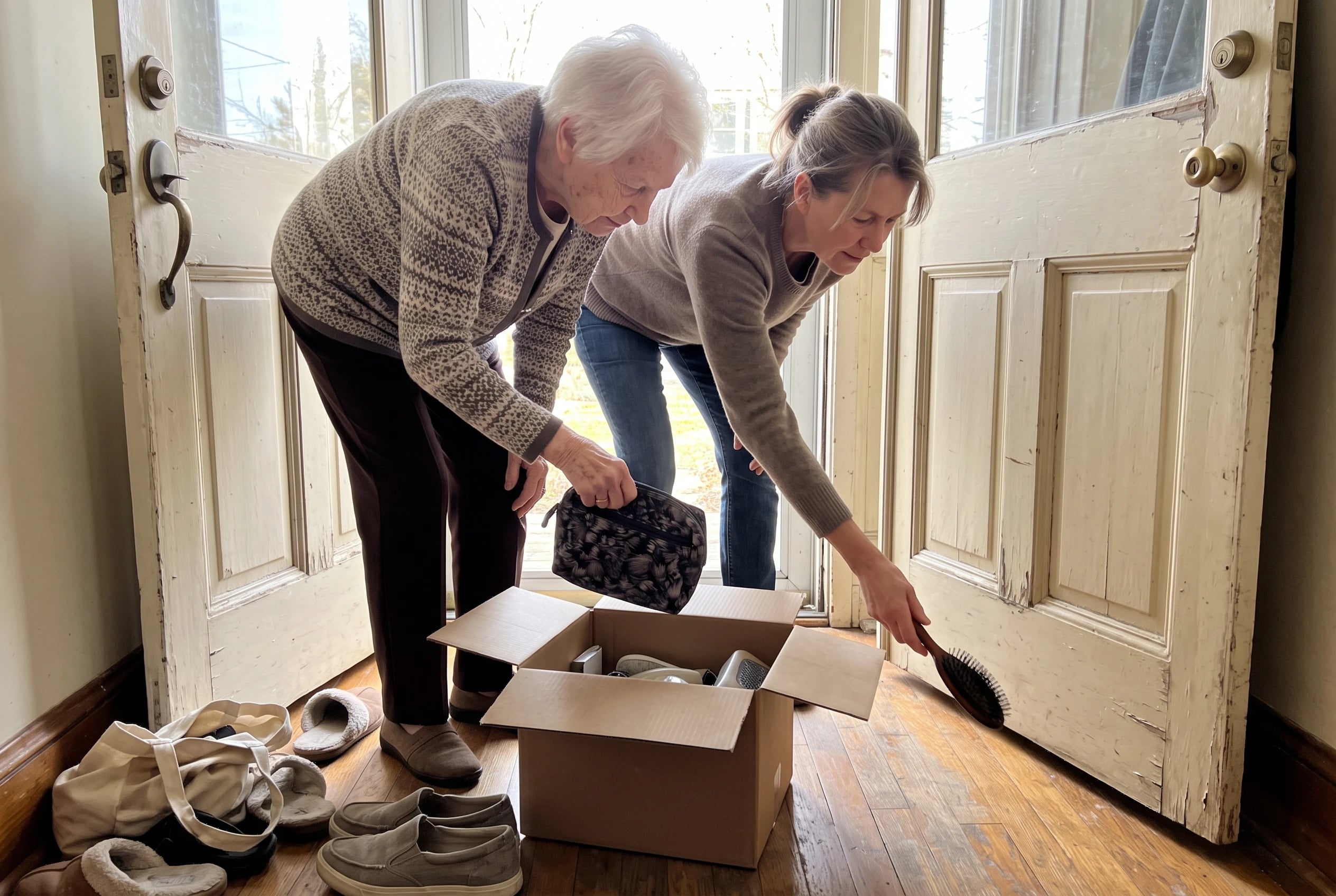 Older woman placing toiletries into an open box beside her front door.