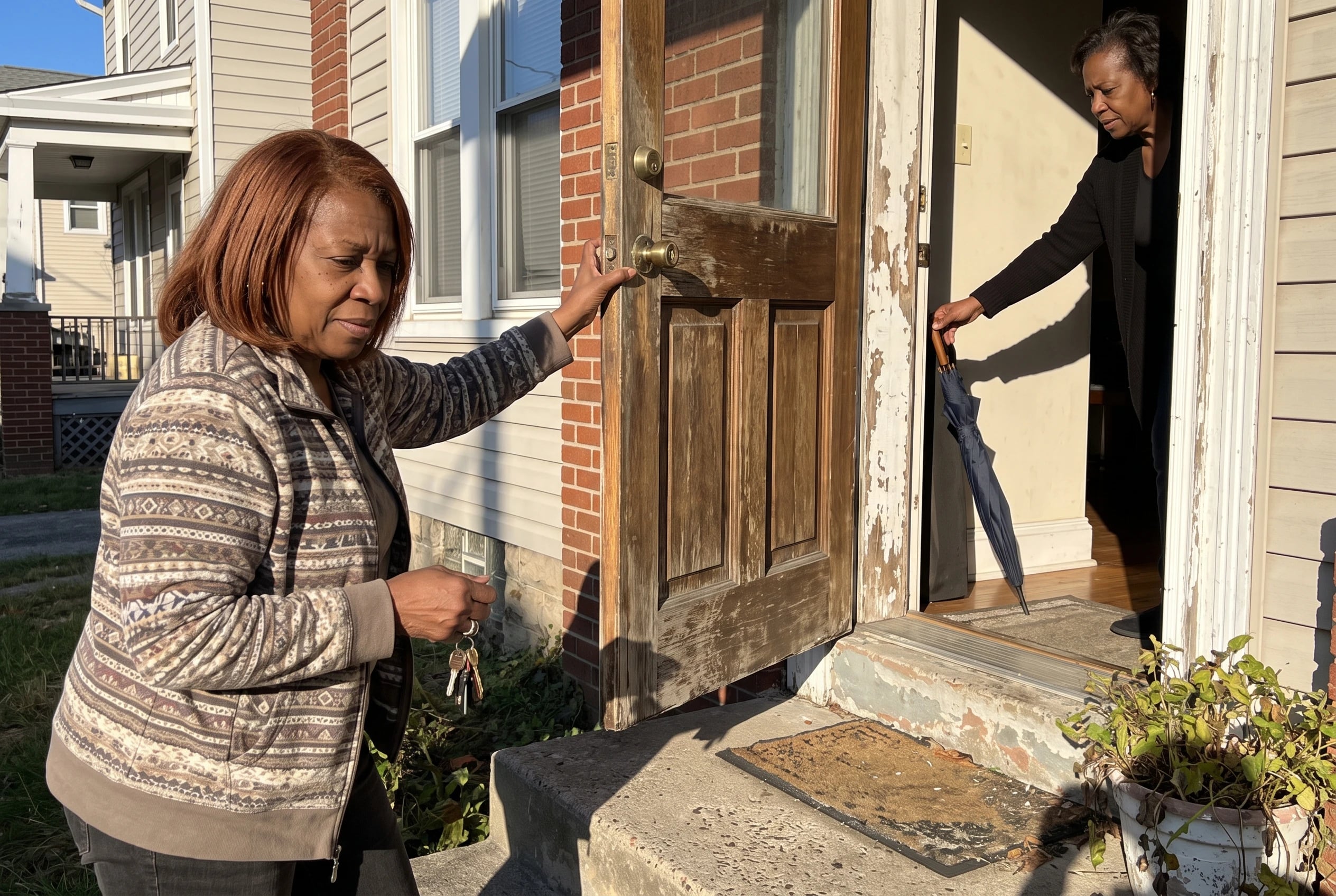 Older woman closing the door of her old home while carrying keys.