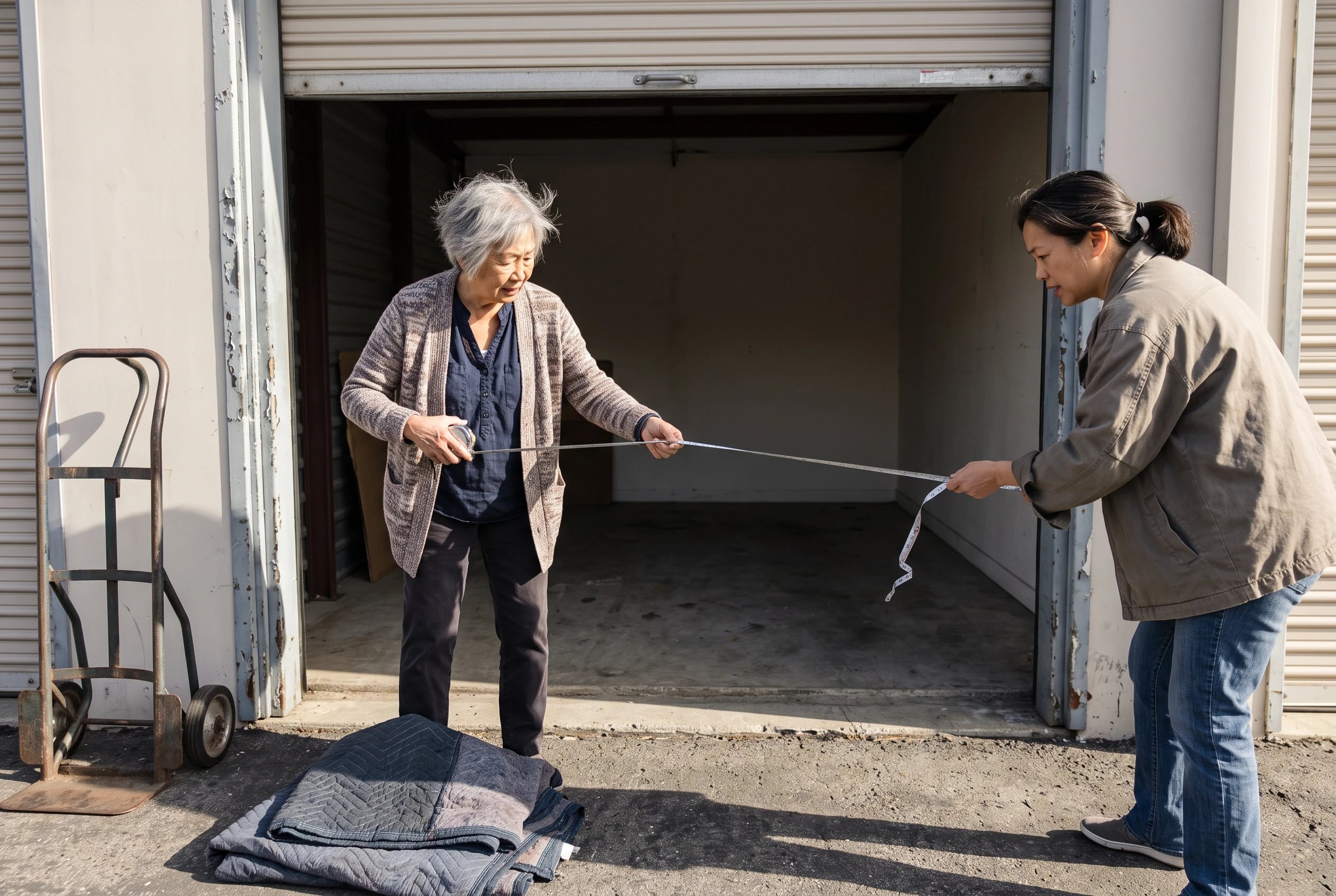Older woman checking the size of an empty storage unit from its doorway.