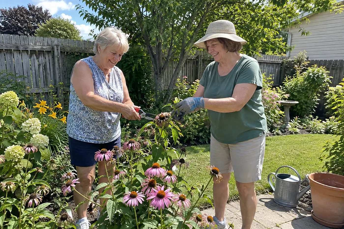 Older woman testing garden pruners beside a flower bed.