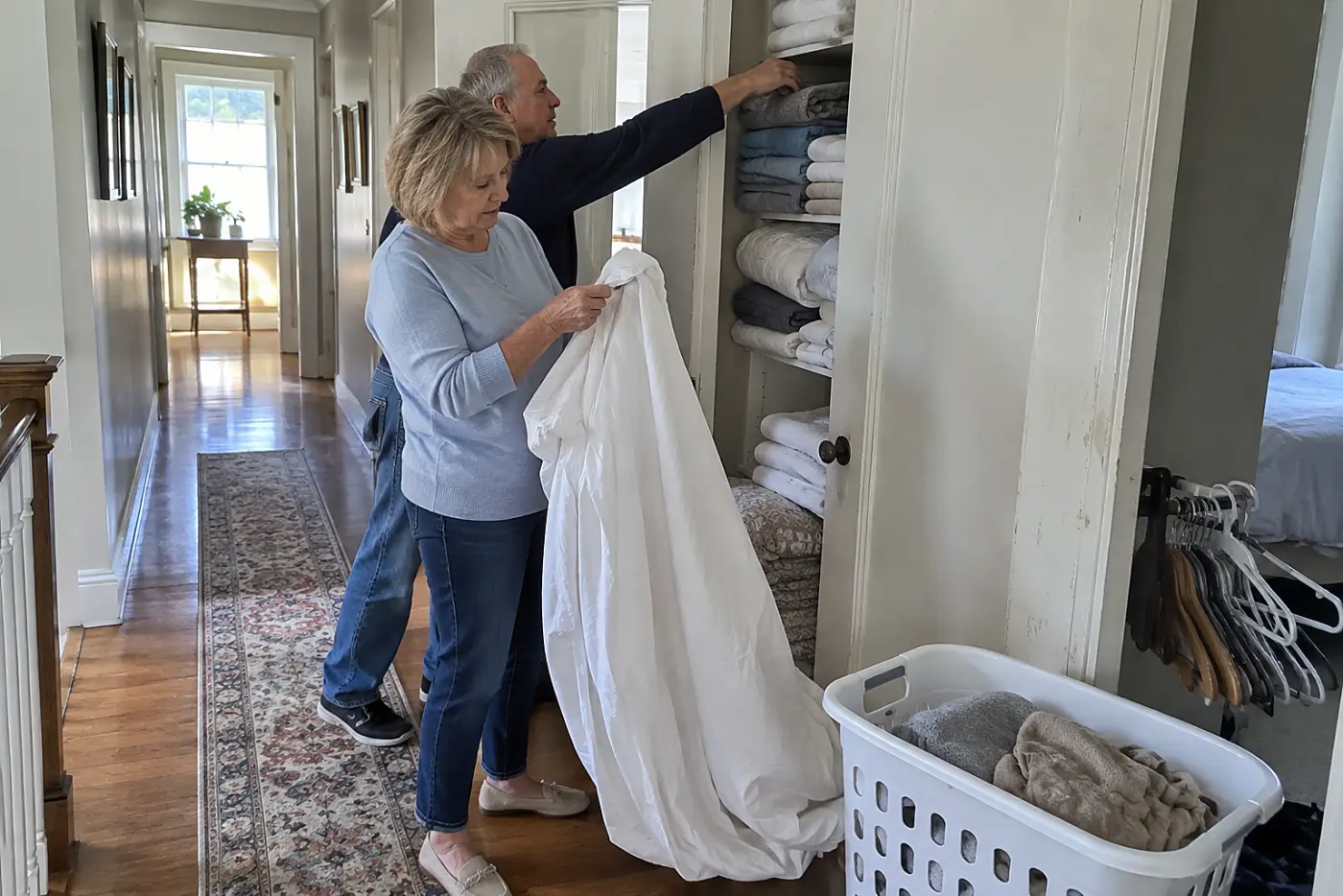 A woman in her sixties checks the tag on a fitted sheet beside an open linen closet in a hallway.