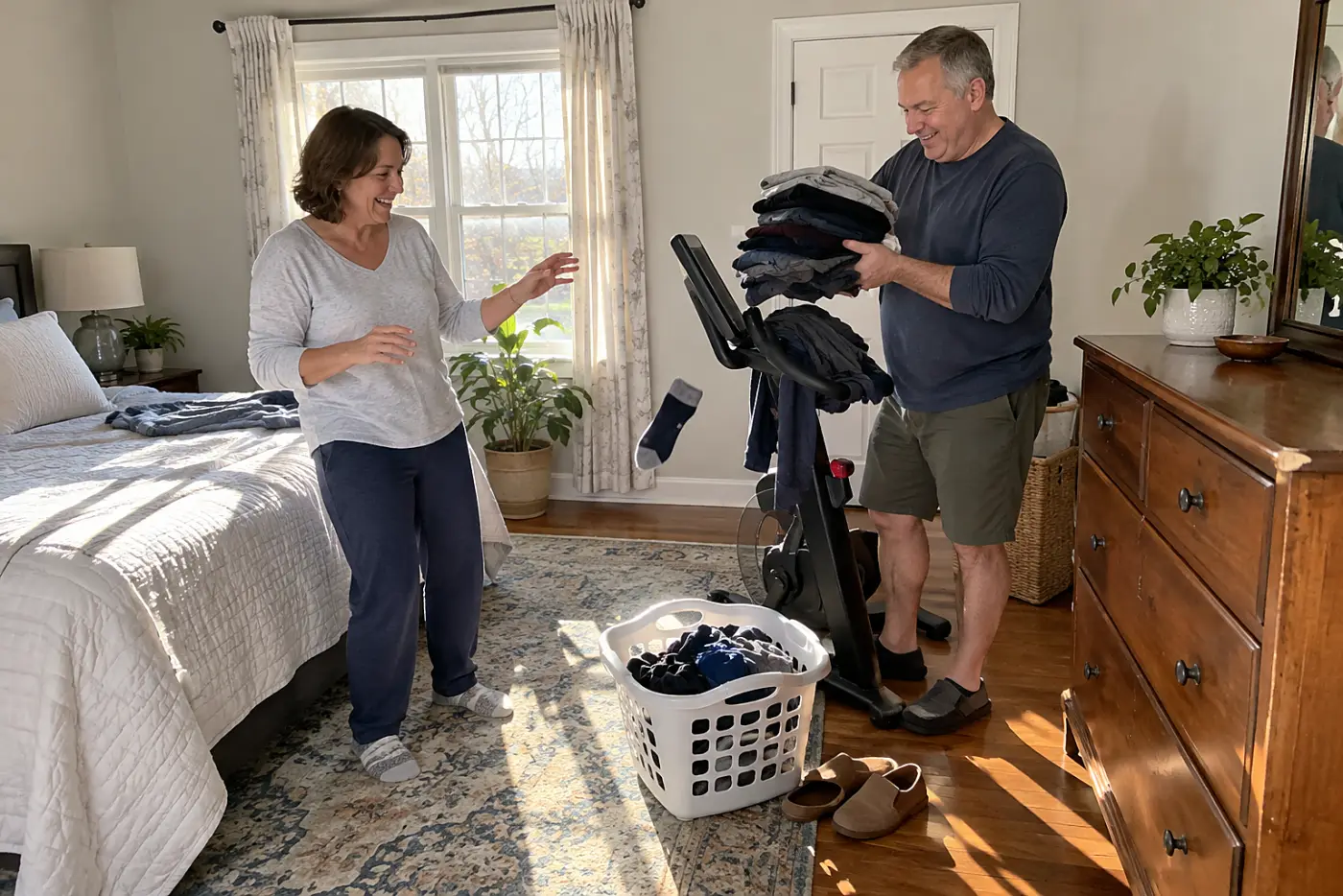 A man in his fifties lifts folded clothes off an exercise bike in a bedroom.
