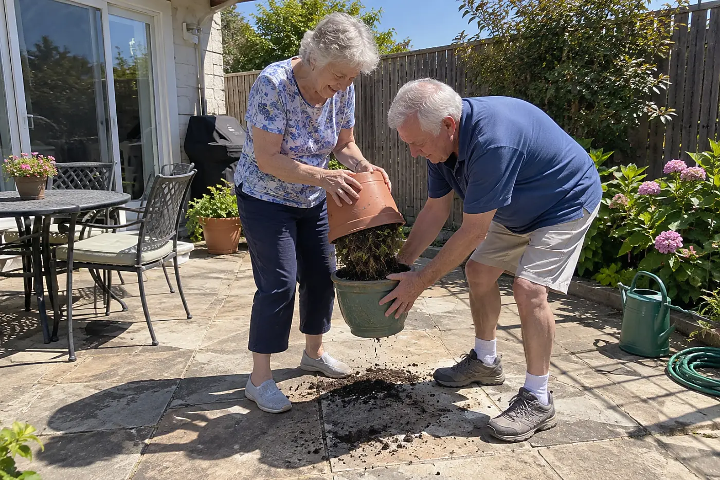 A woman in her seventies separates empty flowerpots on a patio.